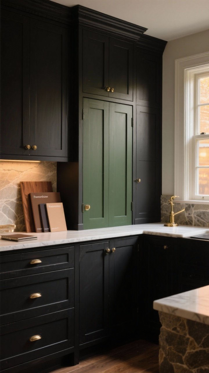 Medium, straight-on shot of dark painted cabinets in a cozy palette: warm black/charcoal/deep green doors with brown/olive/taupe undertones; sample boards or painted panels leaning on the counter showing options like Farrow & Ball Railings, Benjamin Moore Wrought Iron, SW Iron Ore, BM Backwoods; illuminated in both daylight from a window and warmer evening light to hint at undertone shifts; wood, stone, and brass nearby to show pairing; photorealistic.