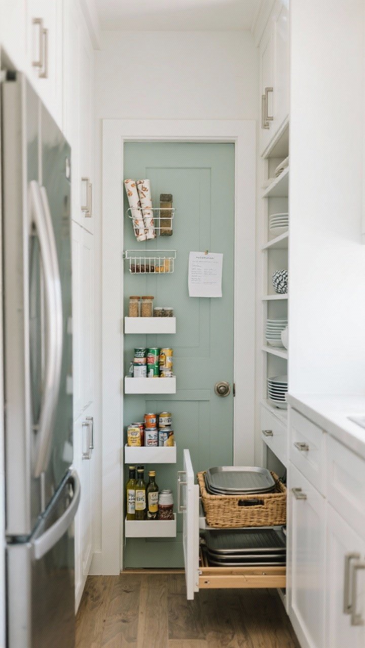 Medium, straight-on shot of slim, tall, and hidden storage solutions in a tight galley kitchen: a narrow pull-out pantry beside a counter-depth fridge filled with cans and oils; toe-kick drawers open to reveal sheet pans and lids; back-of-door racks inside a cabinet holding wraps and spices; cabinet risers and undershelf baskets creating layered storage with plates and bowls separated. Soft white cabinetry, brushed metal hardware, pale sage accents, clean daylight, discreet inventory note taped inside a door.
