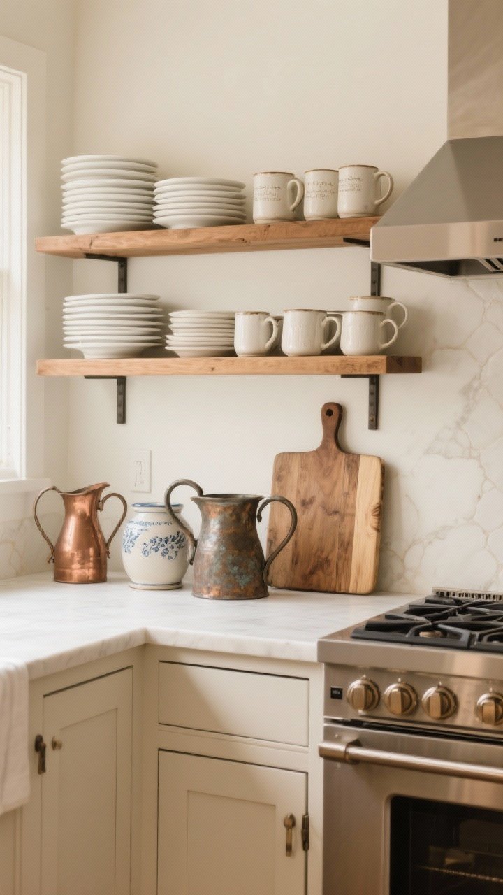 Medium straight-on shot: Open shelves styled with intention—neatly stacked white plates, grouped mugs, vintage copper pieces, ironstone pitchers, and wooden cutting boards. Clutter hidden in nearby closed cabinets. A single shelf run above the range provides balance. Gentle natural light for a calm, curated look; warm wood tones and stoneware textures are clear. No people, photorealistic.