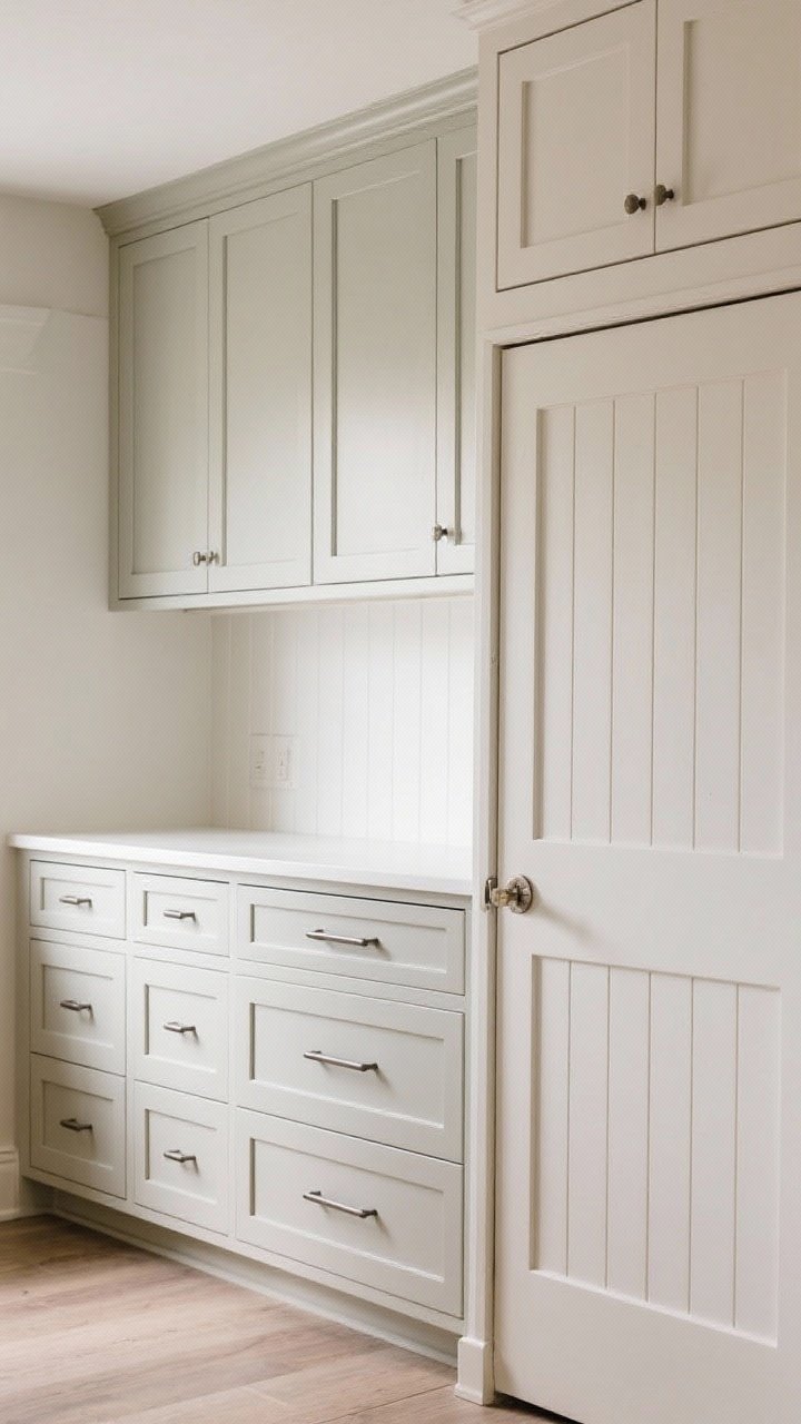 Medium, straight-on view of a refaced cabinet run: mix of new Shaker doors on most units, a flat slab bank of drawers with long pulls, and a beadboard door section for cottage charm. Include soft-close hinges partially visible on an open door. Neutral, bright lighting to emphasize the fresh fronts while original cabinet boxes are implied.