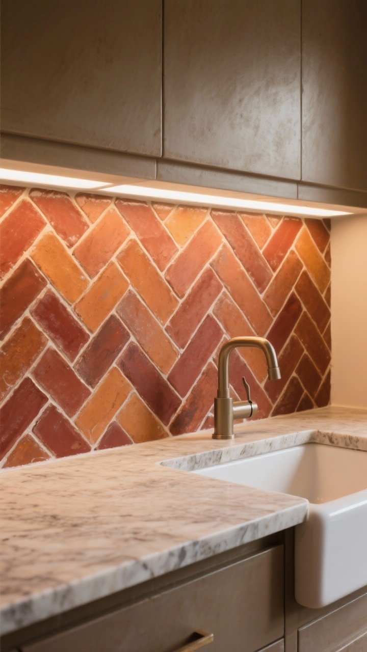 Medium, straight-on view of a terracotta tile backsplash laid in a herringbone pattern behind a sink, matte chalky texture in rich reds, oranges, and russet tones; properly sealed surface; contrasted with cooler countertops like honed marble or soapstone; warm white LED under-cabinet lighting flattering the terracotta hue; rustic, cozy feel, photorealistic.