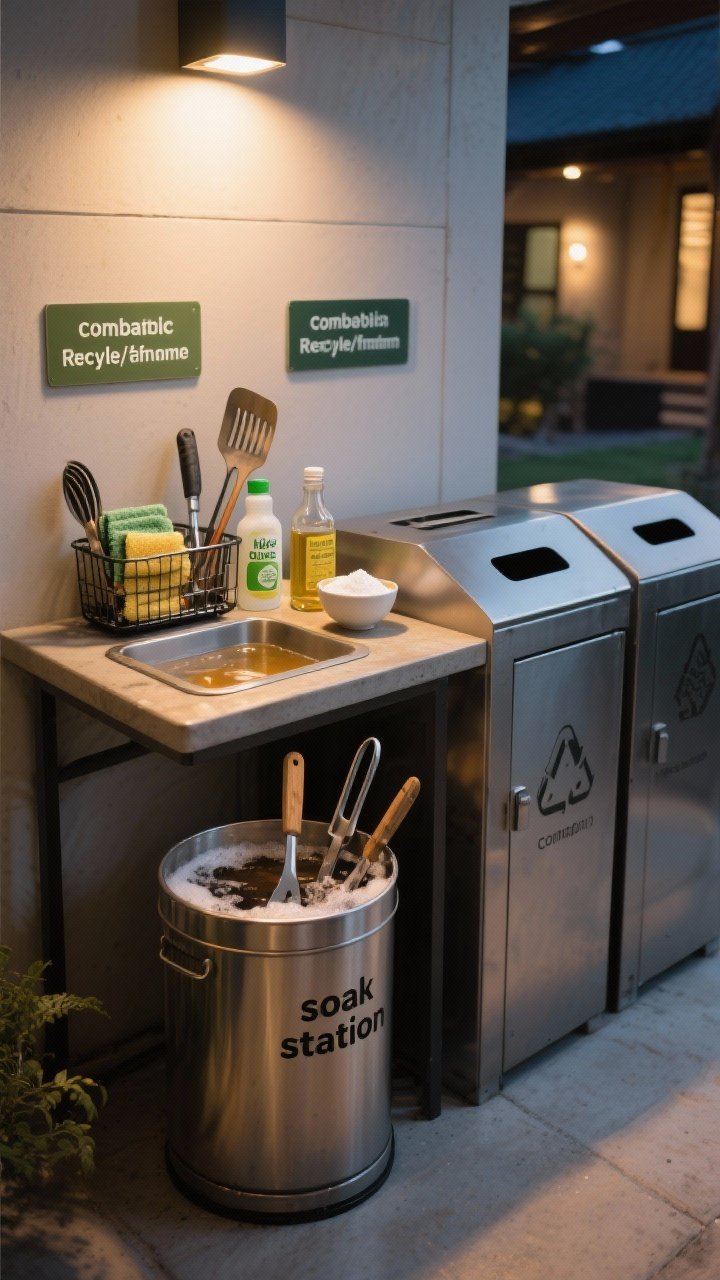 Medium, straight-on view of an eco cleanup zone: a bin “soak station” filled with warm soapy water holding grill tools and tongs, a caddy with biodegradable dish soap and compostable sponge cloths, a small bowl of baking soda and a bottle of vinegar forming a paste for greasy grates; a safe metal container with fully cooled ash labeled for compost/bin depending on purity; clearly labeled compost/recycle/landfill bins with signage; evening indoor lighting, tidy and methodical.