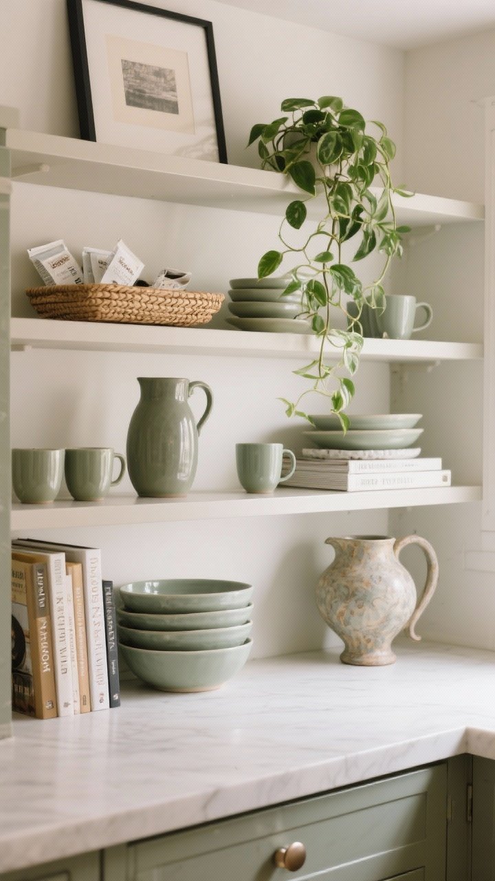 Medium, straight-on view of edited open kitchen shelves styled as a mini gallery: repeated neutral and sage tones, matte ceramic mugs, glossy stacking bowls, a few cookbooks with attractive spines, and a sculptural vintage pitcher as the focal moment; a trailing pothos cascading from the top shelf; a woven tray containing small packets to contain chaos; soft daylight, photorealistic.