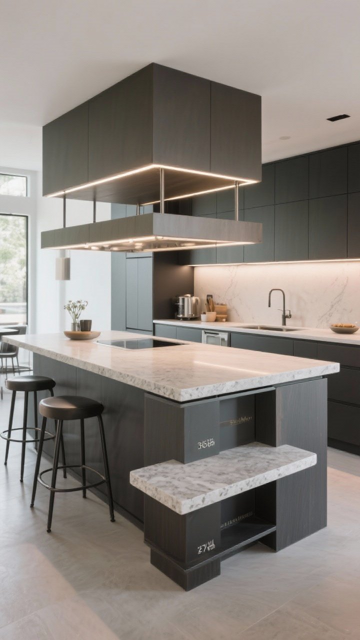 Medium straight-on view: “The Two-Tier Power Move” island—lower prep tier at 36 inches high and 24 inches deep with a thin-profile stone top, and a raised bar tier at about 42 inches with a 10-inch overhang for stools; slim, refined edges to avoid heaviness; bar side subtly hides the prep mess; cool, focused task lighting paired with softer ambient light, minimal accessories.