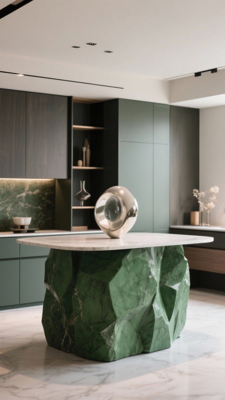 Medium three-quarter view of a showpiece island: green base with a chunky