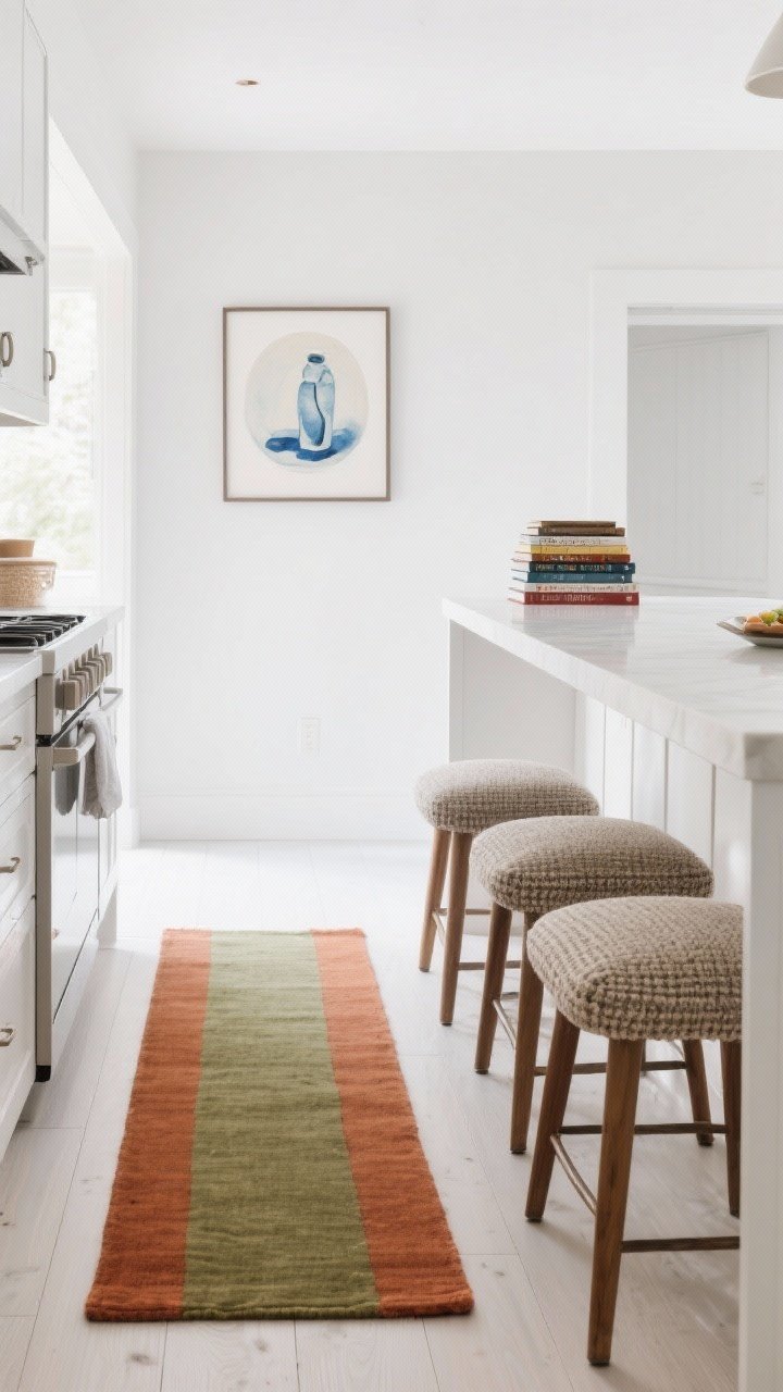 Medium vignette adding quiet color to a white kitchen: a slim runner rug in muted terracotta and olive tones on a light wood or white floor, a small framed still-life art piece with soft indigo accents on a nearby wall, a neat stack of cookbooks with attractive spines on a white counter, and textured fabric seat cushions on stools echoing the same accent colors; cohesive palette, gentle daylight, photorealistic.
