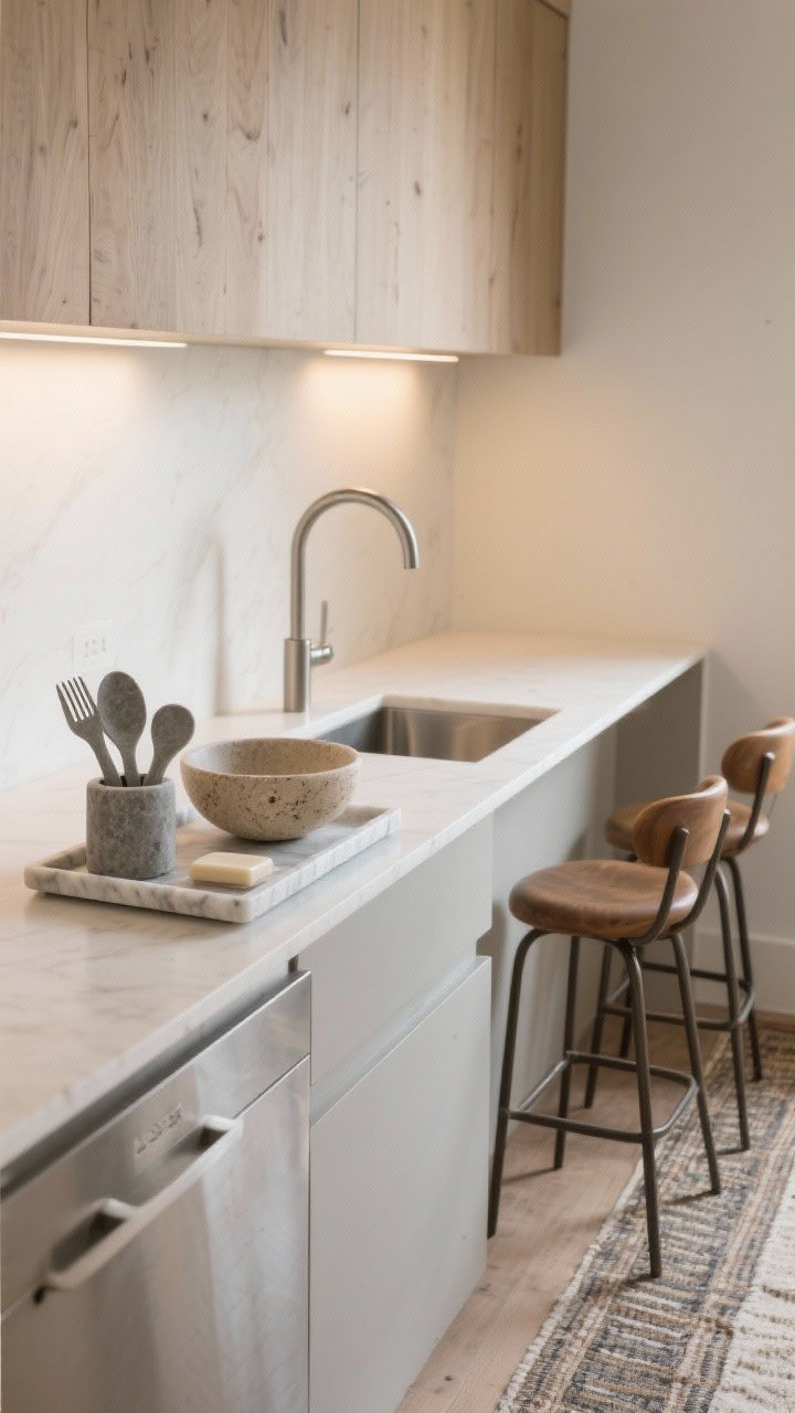 Medium vignette capturing bonus styling for a softer neutral aesthetic: a honed marble tray holding soapstone-look utensils and a travertine bowl on a white counter, a vintage-look runner along the floor softening echoes, a rounded faucet spout and curved bar stools, and warm 2700–3000K lighting; stainless kept minimal, balanced by wood and matte finishes; photorealistic, cozy neutrality.