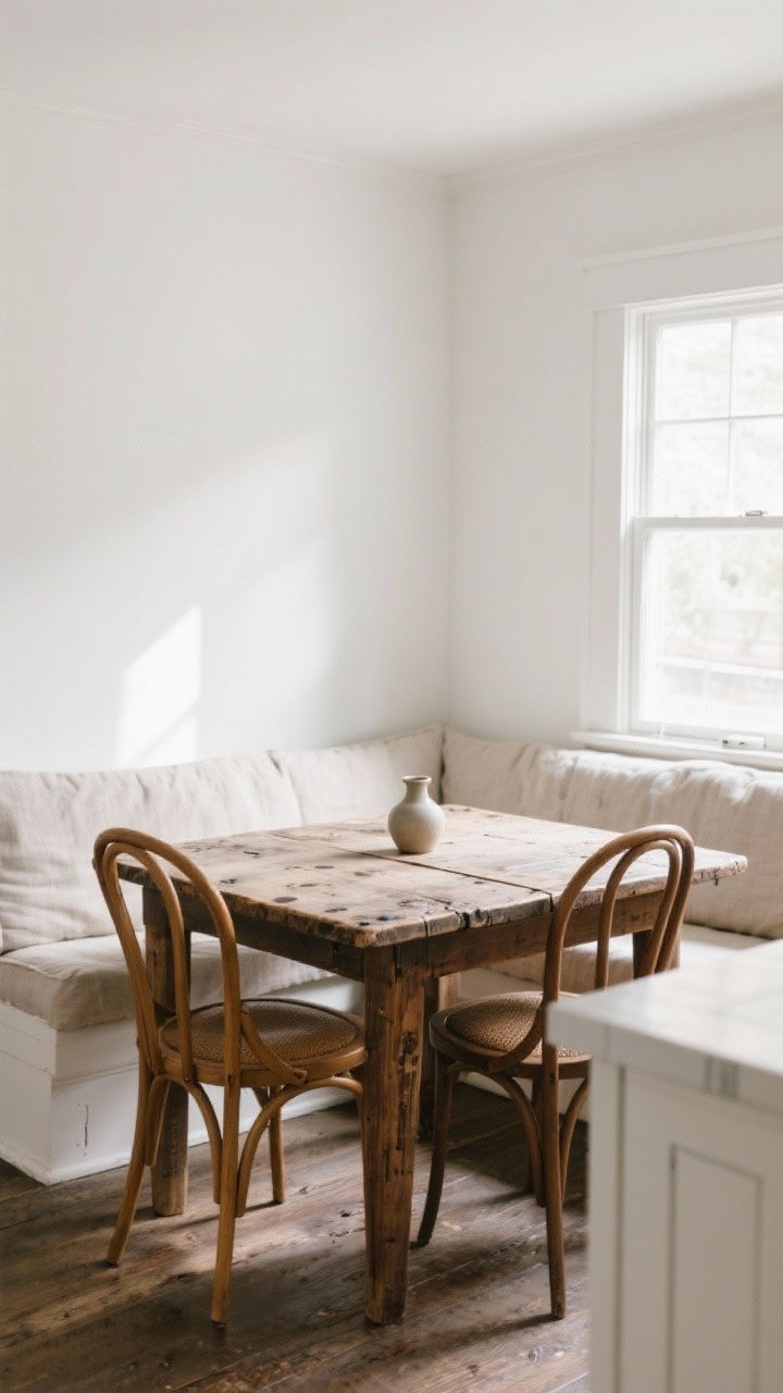 Medium-wide breakfast nook adjacent to a white kitchen: a solid wood farmhouse harvest table with visible patina, paired with vintage bentwood chairs around it. Cushy banquette in neutral linen along the wall, sunlight washing over the table to highlight nicks and water rings as character. A slim white wall, simple window light, and a small vase centered. Corner angle to feel intimate and lived-in.