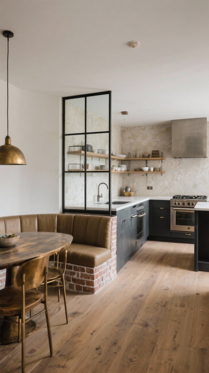 Medium wide broken-plan kitchen with cozy zones: half wall with integrated shelving between kitchen and dining to conceal sink mess, steel-framed glass partition borrowing light while containing cooking smells, curved banquette nook wrapping a corner, exposed brick combined with plaster or limewash textures, continuous wide-plank floors unifying zones, warm metals repeated (aged brass, blackened steel) for cohesion; airy yet cozy, photorealistic, layered perspective from the dining zone toward kitchen.