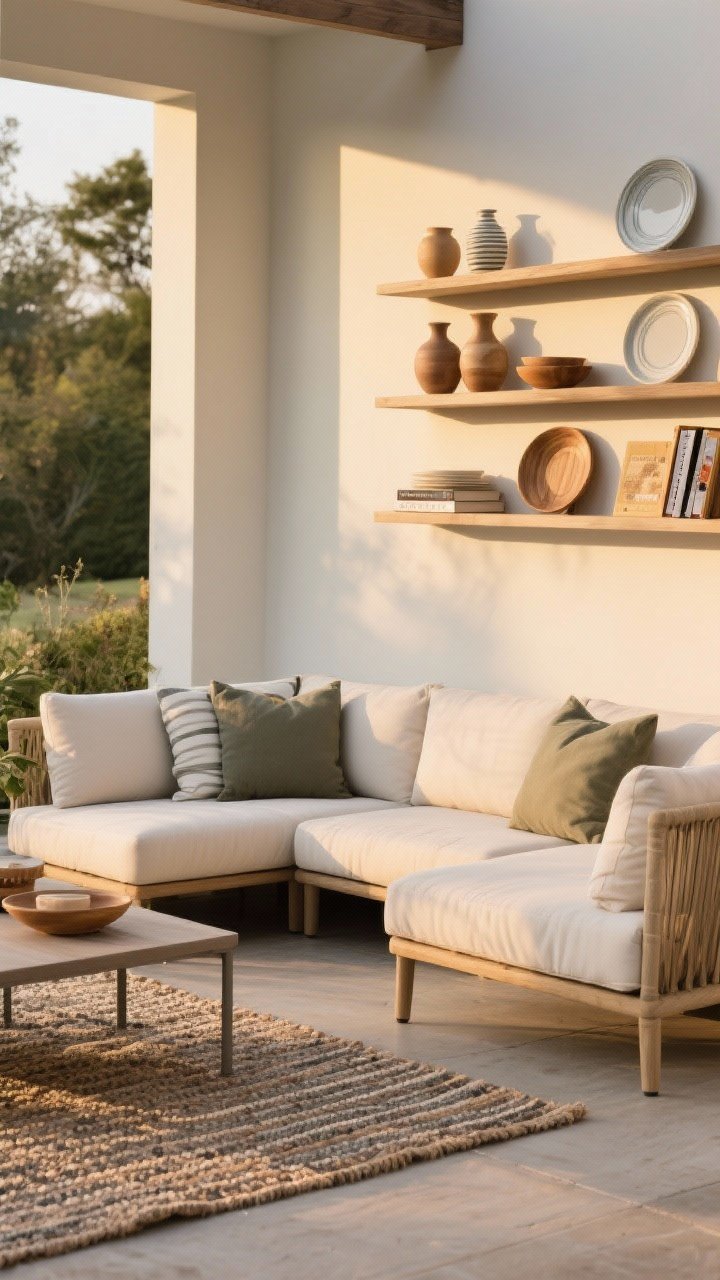 Medium-wide lifestyle vignette of indoor-quality finishes outdoors: water-resistant sectional with solution-dyed acrylic cushions, fast-drying low-pile outdoor rug anchoring the seating zone, styled open shelving holding pottery, melamine plates, acacia serveware, and a few cookbooks; cohesive palette, soft golden-hour glow, comfy and curated without people