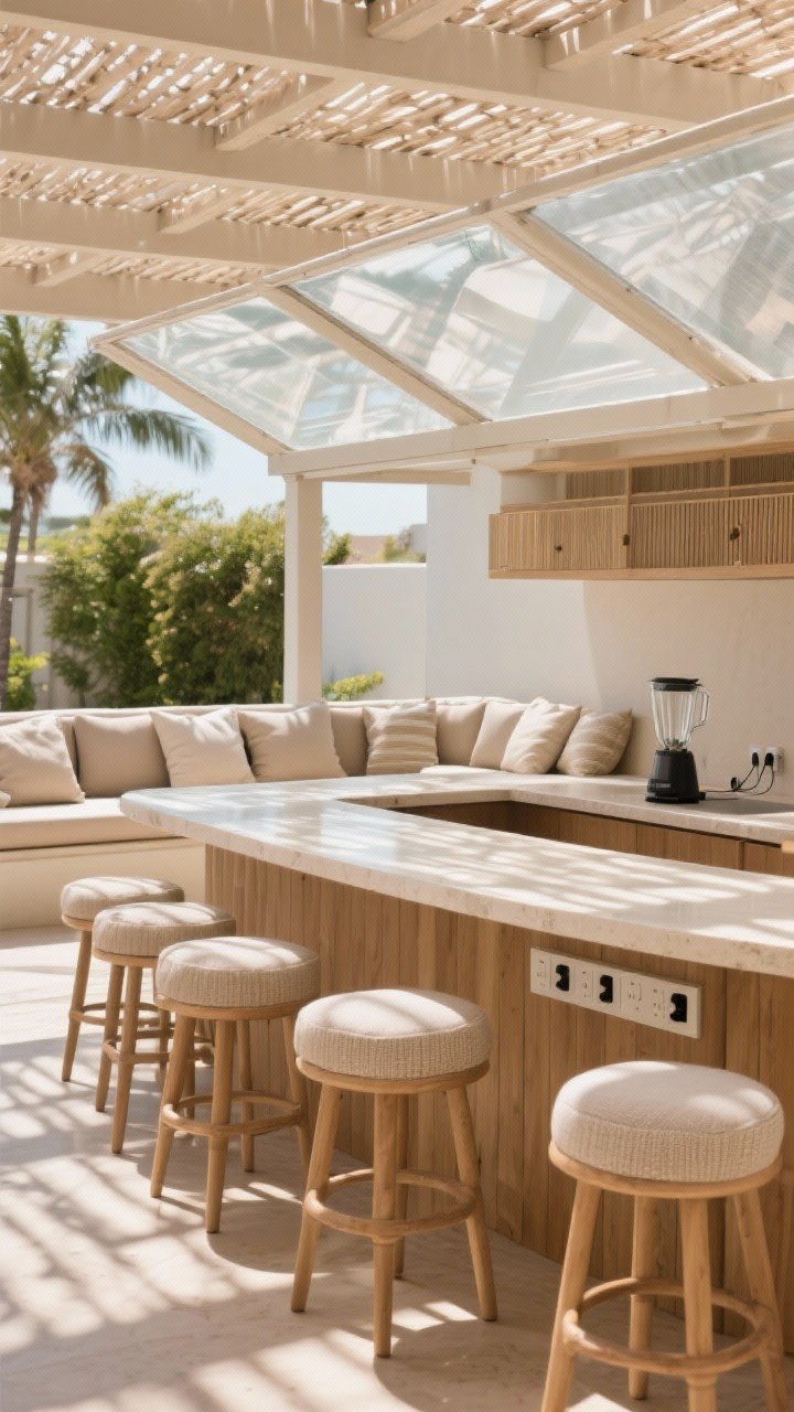 Medium-wide shot: A shaded social island with wraparound built-in seating under a pergola fitted with a clear polycarbonate top; water-resistant, wipeable cushions in neutral tones with subtle texture; the island includes a discrete footrest and an outlet strip tucked under the counter for chargers and a blender; warm midday shade with dappled light patterns, casual resort vibe, camera positioned at stool height facing the island.
