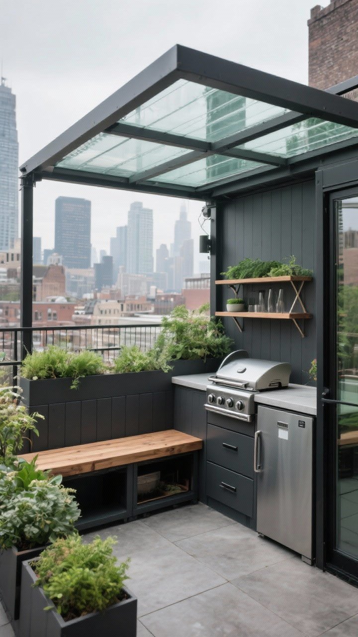 Medium/wide shot — Urban terrace kitchen beneath a steel pergola topped with laminated glass or clear polycarbonate panels that block UV while letting light pour in. Compact appliances: slimline grill, drawer fridge; planter boxes along the perimeter as windbreaks with lush greenery. Built-in bench seating with hidden storage and a fold-down bar shelf. Tight palette: charcoal, oak wood tones, and green. Overcast urban skyline backdrop, mood: chic, space-savvy.