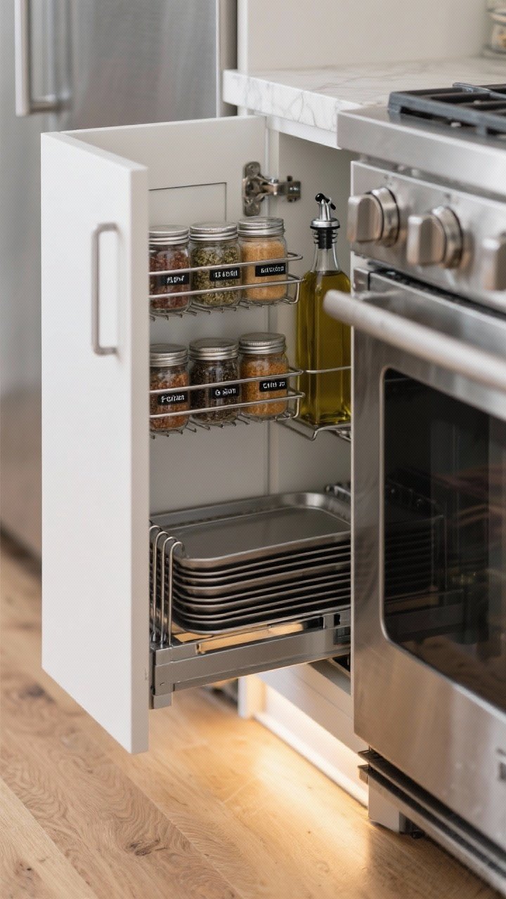 Narrow vertical detail shot of a 6–9 inch slide-in filler cabinet beside a stainless range: tiered spice pull-out at eye level with labeled jars, an oil and vinegar organizer below with guard rails, and a wider lower slot with upright sheet pans; include durable metal frame construction and adjustable rails; toe-kick LED strip casting a subtle glow across a light oak floor; clean, contemporary styling.