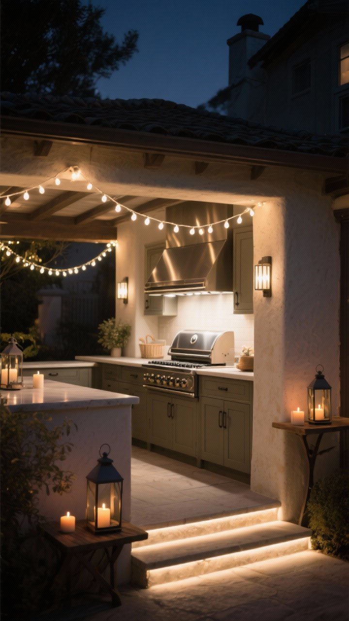 Night medium shot: Layered lighting scheme—bright, focused task lights under cabinets and along the grill hood illuminating the cook surface; ambient layers include dimmable sconces on stucco posts, warm white string lights (2700K–3000K) draped overhead, and lanterns on the counter; low path and step lights defining edges; a few candles flickering on a side table for soft romance; no harsh overheads, moody and inviting, straight-on.