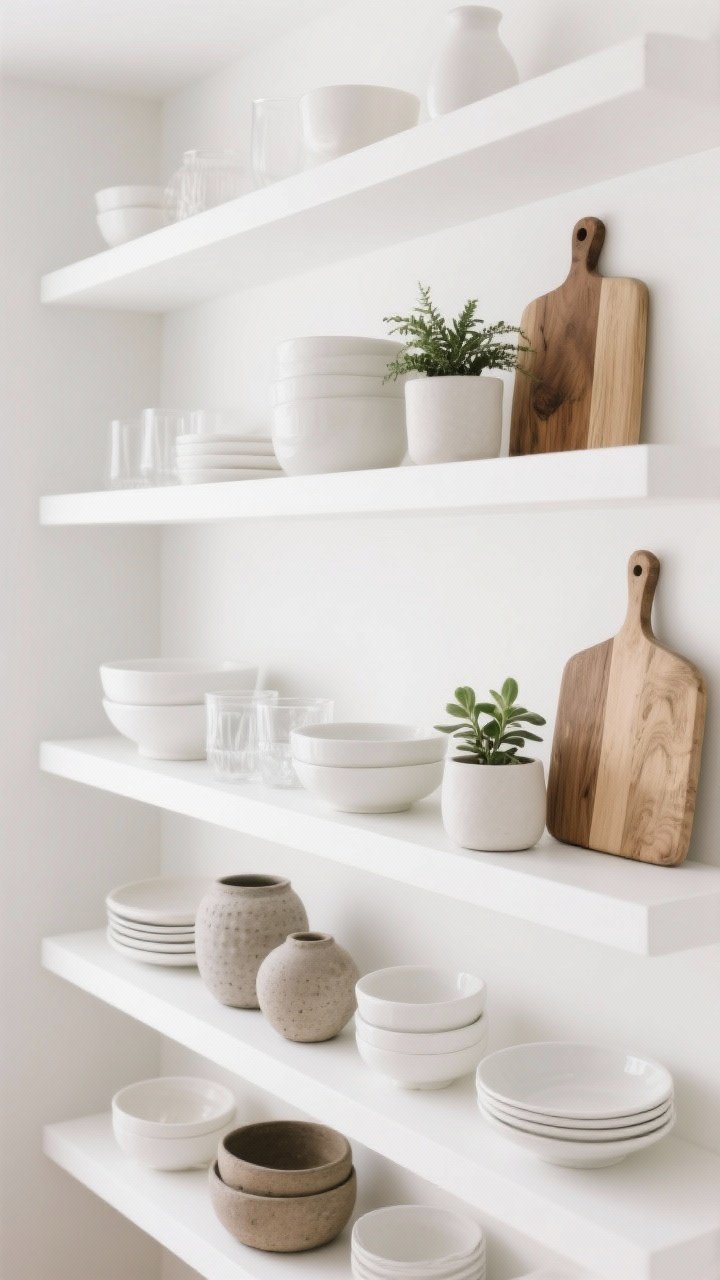 Overhead and slight angle detail shot of styled open white shelves: 70% white and neutral items like white bowls and clear glasses, with wood cutting boards, stoneware pieces, and one small plant per shelf stack; groupings in odd numbers with varied heights; bright but soft light, clean white background, photorealistic with restrained, designer-edited composition.