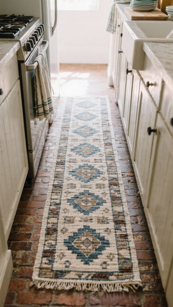 Overhead and slightly angled shot of a narrow galley kitchen floor featuring a washable runner: vintage-inspired faded Persian/kilim-style pattern in muted brick, indigo, and cream tones, sized to match the walkway length, with visible non-slip backing edges. The runner visually elongates the space; colors echo nearby dish towels; soft natural light grazes the flatweave texture.