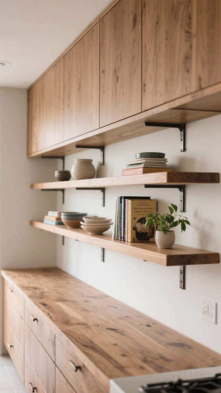 Overhead angle detail of a run of thick solid wood open shelves with hidden brackets above closed base cabinets; shelves styled with ceramics, a few cookbooks, and a small plant; limit open shelving to one section, match shelf wood to island tone; airy, practical vibe with gentle daylight, photorealistic
