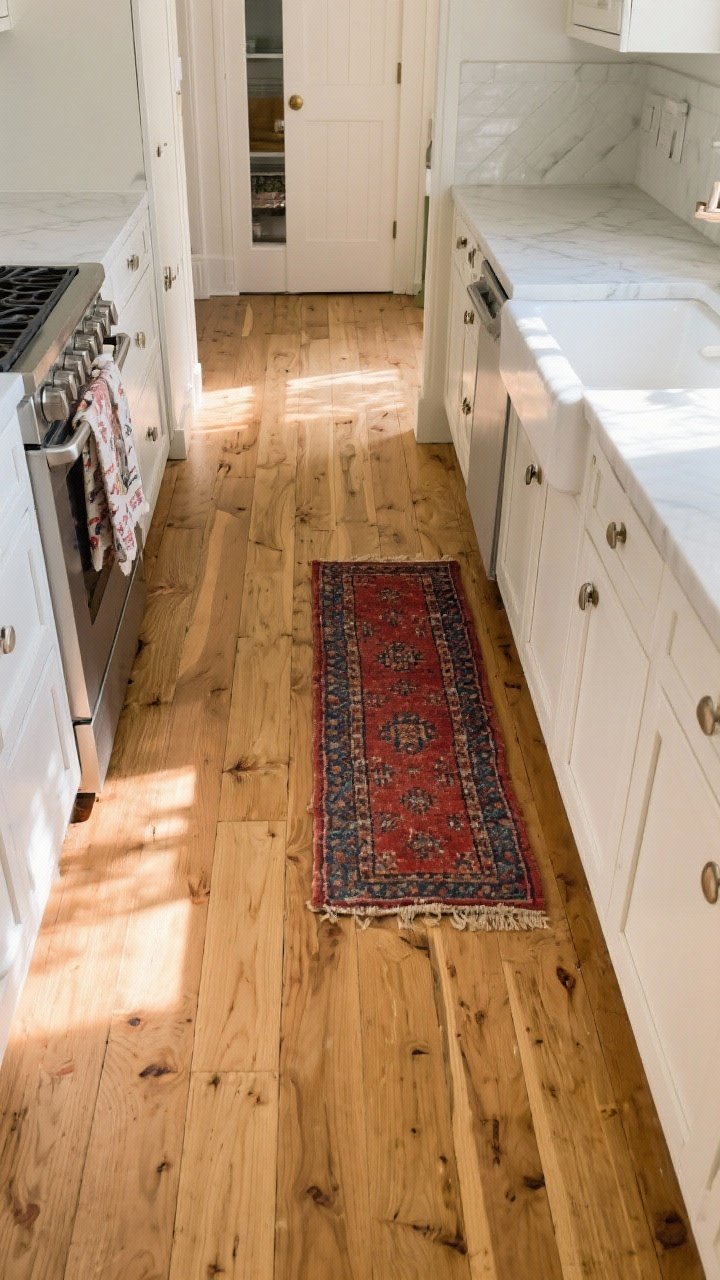 Overhead angle: Wide-plank natural oak floors with a matte/oiled finish running straight lay through the kitchen. A faded vintage runner in muted reds and indigos anchors the sink zone. Painted perimeter cabinets in soft white contrast with the floor’s gentle grain. Light afternoon sun grazing the boards to reveal texture without gloss or yellowing, photorealistic.