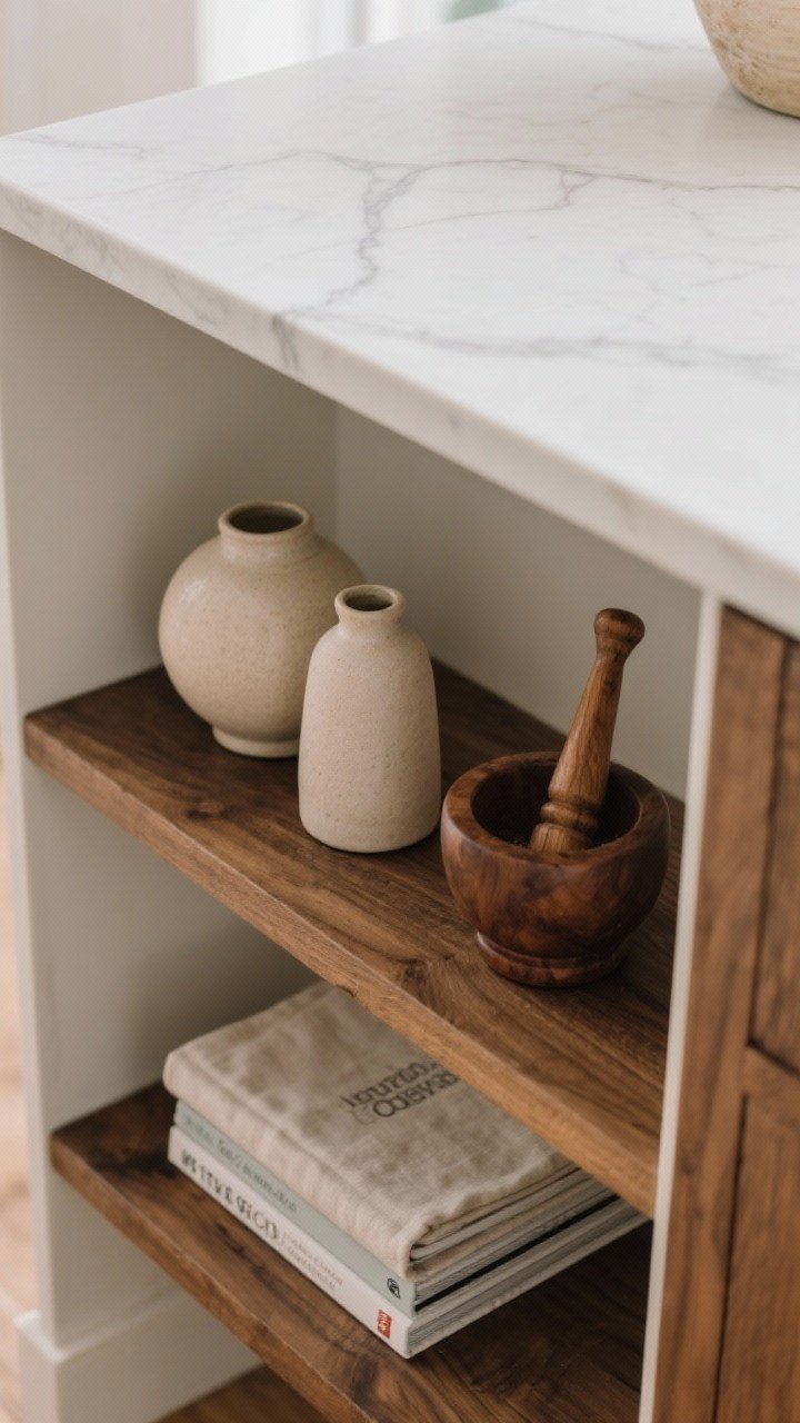 Overhead/angled detail: An open shelf under the island overhang styled as a tight vignette—3 to 5 curated items only: two neutral-toned ceramic pieces, a warm wood mortar and pestle, and a small stack of linen-hued cookbooks; thicker shelf wood (about