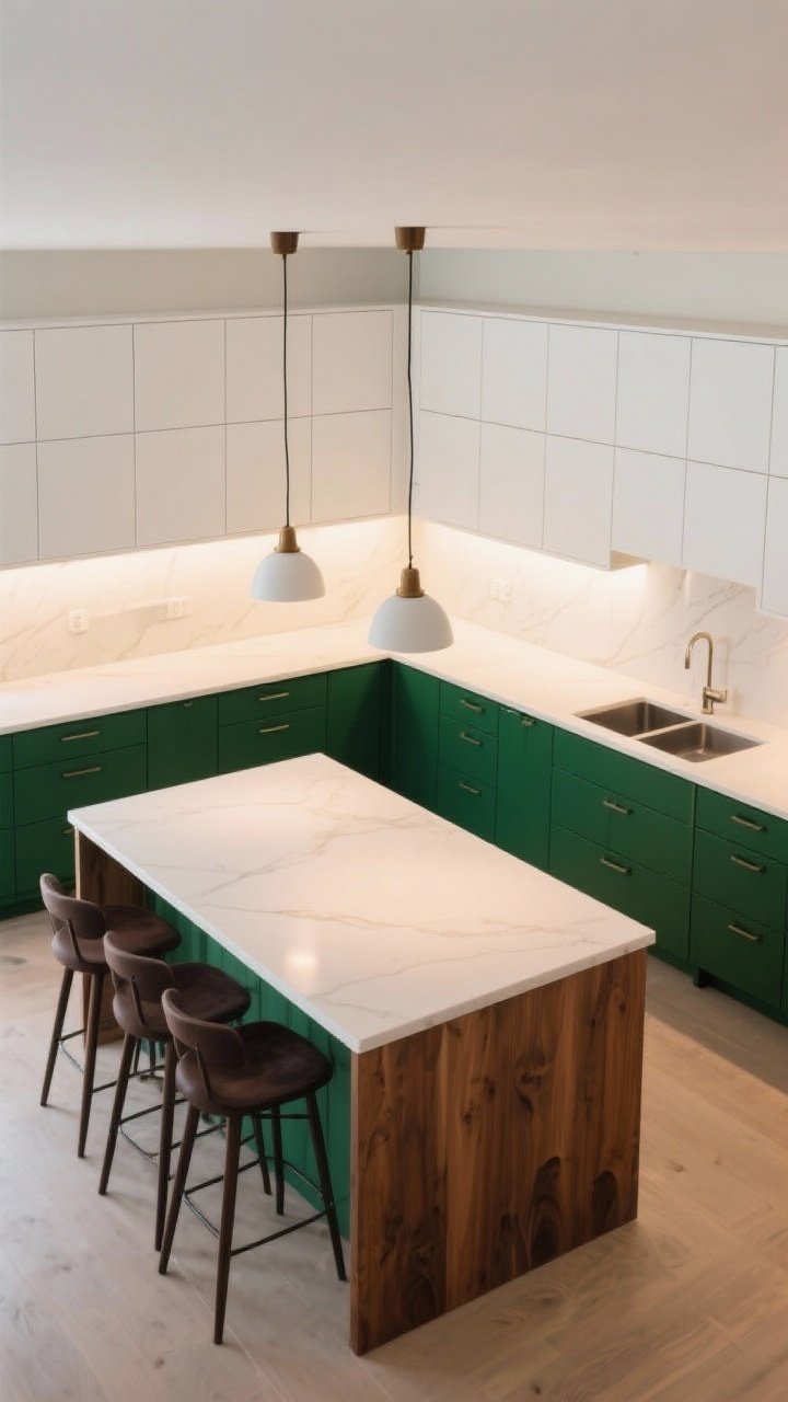 Overhead/angled medium shot: Two-tone setup with crisp white upper cabinets and contrasting lowers in deep green, unified by a shared light countertop; a wood island option visible, with matching darker-tone bar stools and pendant accents for cohesion; warm 2700K–3000K lighting ensuring inviting whites; perspective emphasizes balance between bright uppers and grounded bases.
