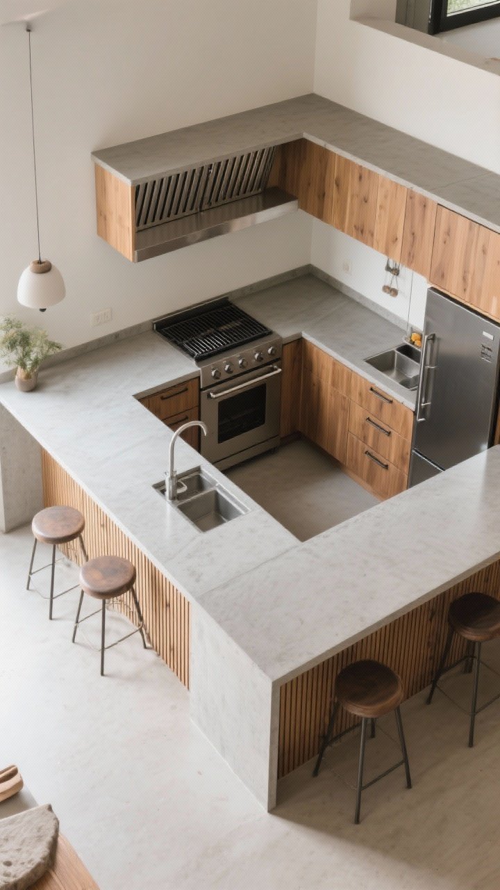 Overhead/angled top-down shot of a compact U-shaped micro chef’s hub: three continuous counters wrapping around with a 42–48 inch central aisle, grill positioned on the open end for ventilation, clipped/curved inside corners to soften the U, drawer fridges on the short side, bar-style overhang on one leg with two stools; materials include smooth concrete counters and slatted wood base panels, cozy cook’s zone feel.