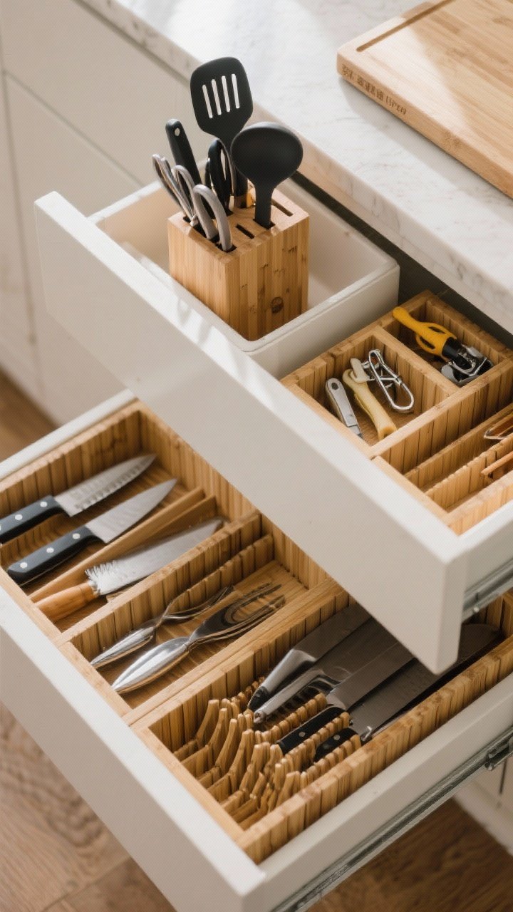 Overhead closeup of an open wide drawer customized with expandable bamboo dividers forming zones: a knife block insert holding blades safely, utensil tiers stacking spatulas over tongs with everything visible; a shallow sliding top insert for tiny tools like peelers and clips creating a double-decker effect; groupings by use—prep tools nearest the cutting board area; natural daylight highlighting bamboo grain.