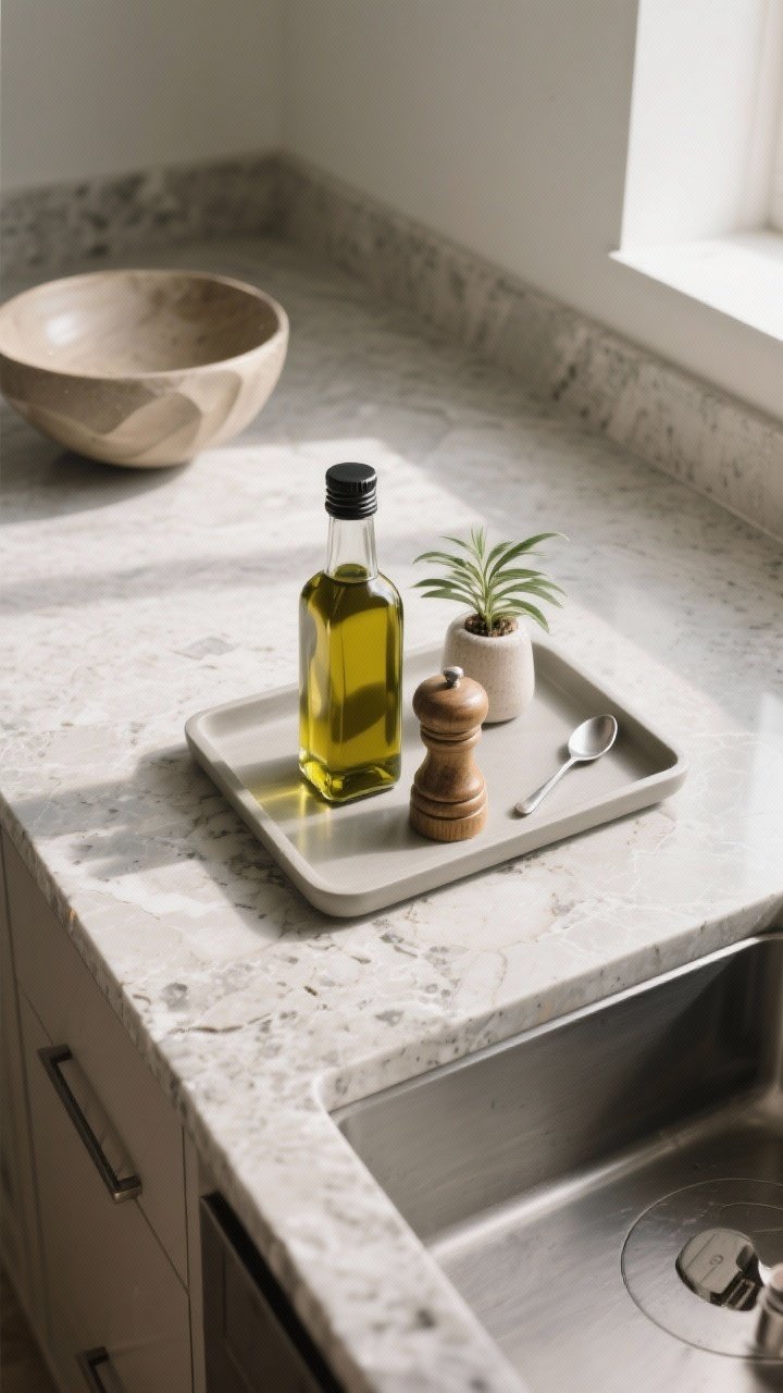 Overhead detail: A styled countertop with the “one tray rule.” A slim tray corraling daily-use items—olive oil bottle, salt cellar, pepper mill, and a minimal spoon rest—on a stone-look surface. No visible gadgets; counters breathe. Include a single decor element only: either one small plant or one sculptural bowl (choose one). Clean, natural light with soft shadows.