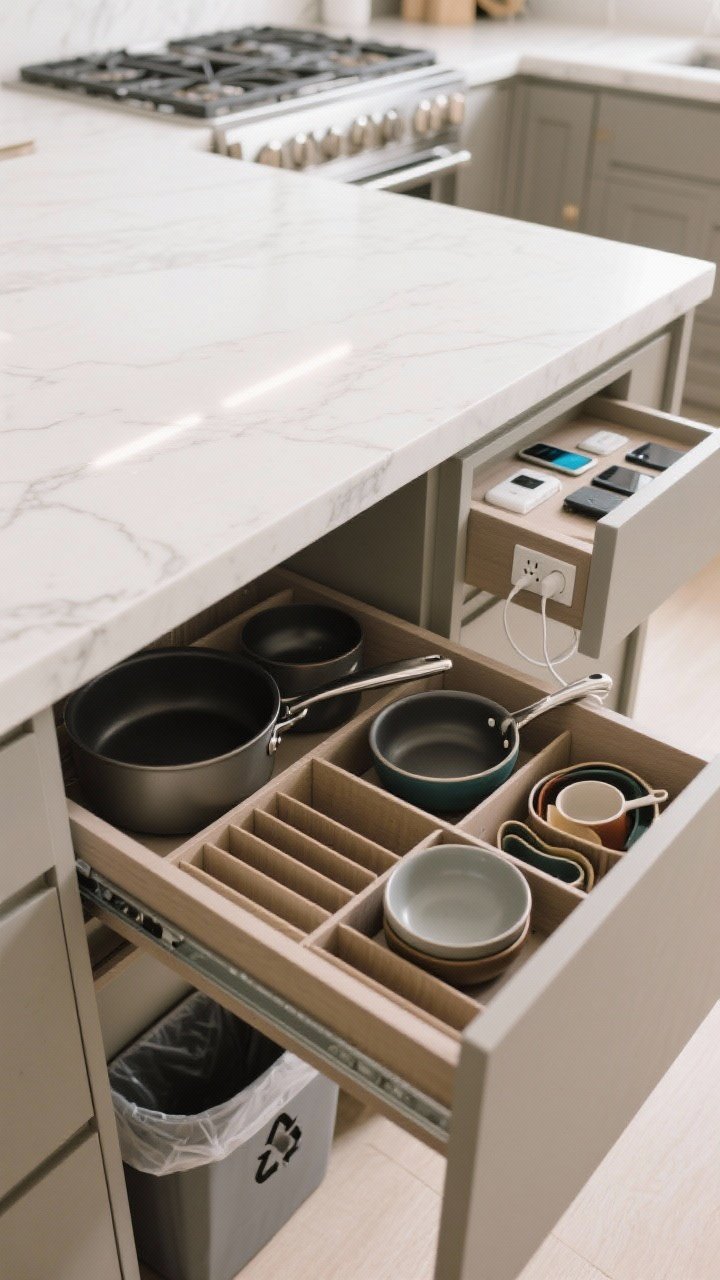 Overhead detail: An open deep drawer inside the island neatly organizing pots, pans, and mixing bowls with custom dividers; adjacent charging drawer with built-in outlets holding phones and tablets, cords hidden; a pull-out trash/recycling unit partially extended; quartz countertop above kept minimal and uncluttered; bright, even task lighting from above, photorealistic.