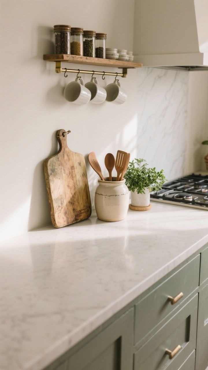 Overhead detail: Curated counter vignette grouped in threes—vintage cutting board, ceramic crock with wooden utensils, and a small potted herb—arranged to leave a long, clear prep stretch beside the stove. A narrow spice shelf mounted above and a rail with hanging mugs frees the surface. Soft morning light and minimal shadows.