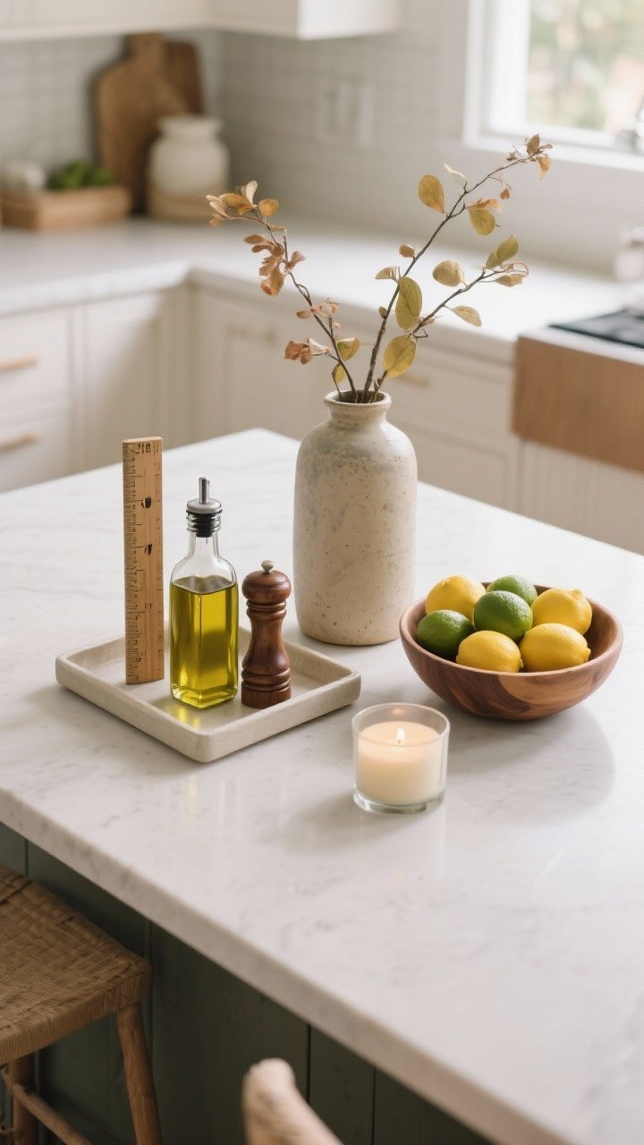 Overhead detail of pro-level everyday styling on the island: a simple tray corralling olive oil, vinegar, and a pepper grinder; three-piece rule displayed with a tall ceramic vase with seasonal stems, a medium wooden bowl filled with lemons and limes, and a small candle; center workspace kept clear; soft natural light, high-angle flat lay, photorealistic.