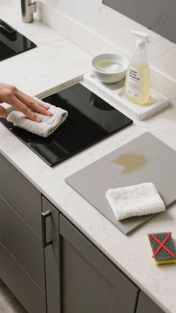Overhead detail shot: A countertop cleaning station with two zones. Gloss care zone: microfiber cloth, a small bowl of mild soapy water or diluted vinegar, cabinet door sample in high-gloss black being wiped in one direction, another cloth for buffing dry. Matte care zone: matte door sample (super-matte) with a cleaner labeled for matte finishes, gentle dish soap, and blotting a grease spot near a handle area. Avoid abrasive pads; include a crossed-out scouring pad off to the side.