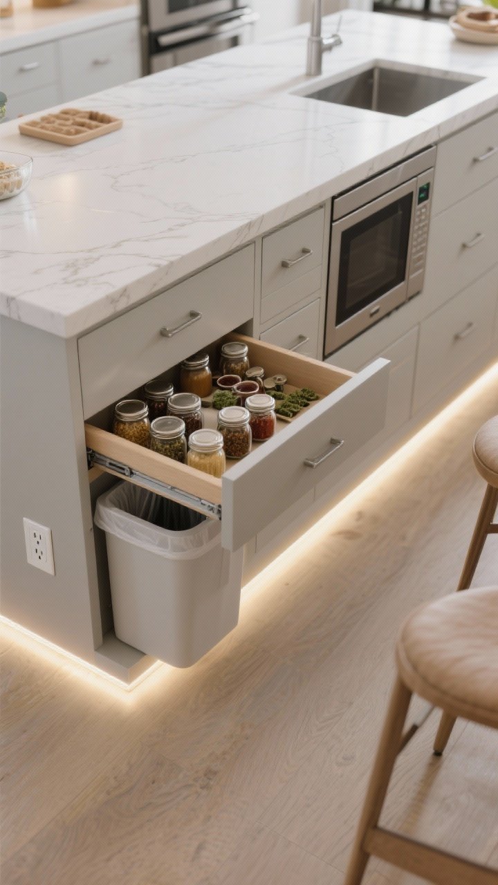 Overhead detail shot: A functional island work zone with hidden features revealed—soft-close trash and compost combo pull-out partially open, a built-in spice drawer organized by jars, a microwave drawer tucked into the base; outlets concealed under the counter lip near a small prep sink; clear zoning shown with baking drawers on one side and seating on the other; bright task lighting with subtle under-counter LEDs, no people, photorealistic.