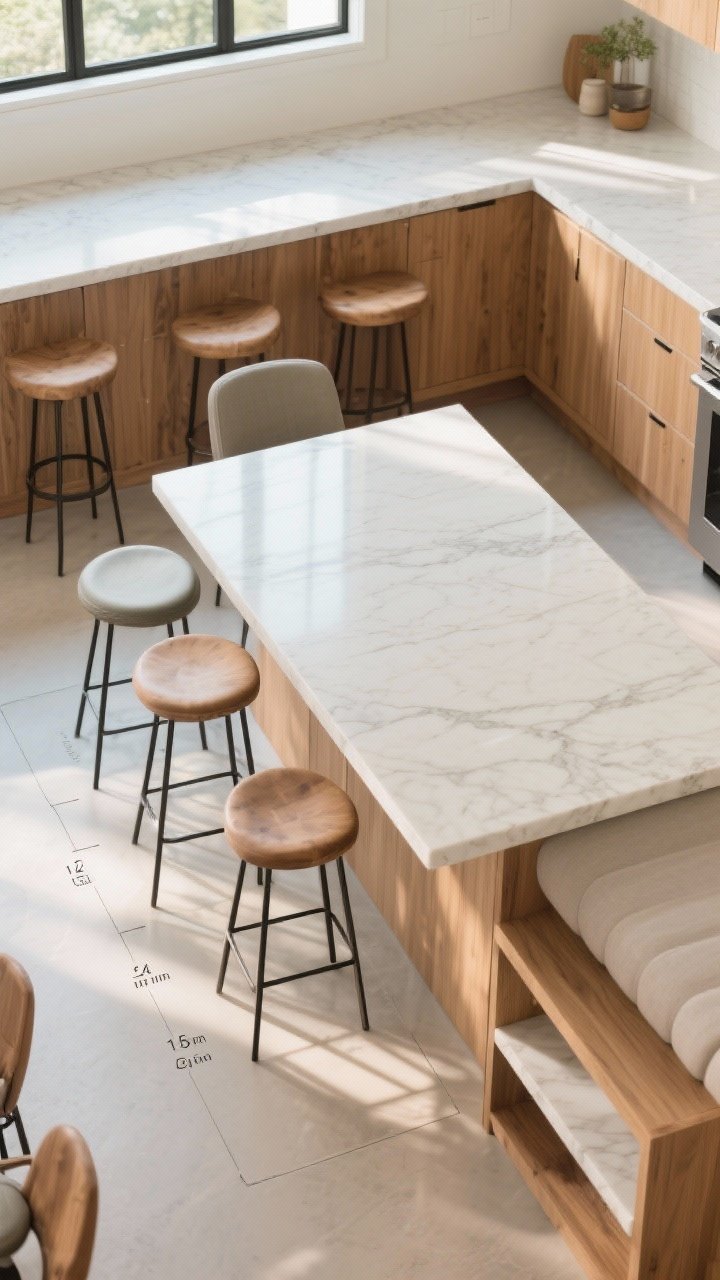 Overhead/detail shot: An L-shaped seating arrangement around a kitchen island showing proper clearances—12–15 inch overhang and about 24 inches of space per stool; include a mix of counter and bar-height stools if the island has a stepped seating level; light quartz top with subtle marbling, warm oak paneling at the seating return; soft ambient daylight with gentle reflections; overhead perspective to highlight layout and comfort-first spacing; photorealistic, no people.