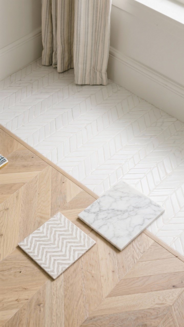 Overhead detail shot combining subtle patterns: a light oak herringbone floor, a white subway tile sample laid out in herringbone/chevron, a pale patterned cement tile swatch, and a slab of marble-look quartz with gentle feathery veining; include a small tone-on-tone ticking stripe Roman shade fabric sample; low-contrast, neutral palette with soft natural light.