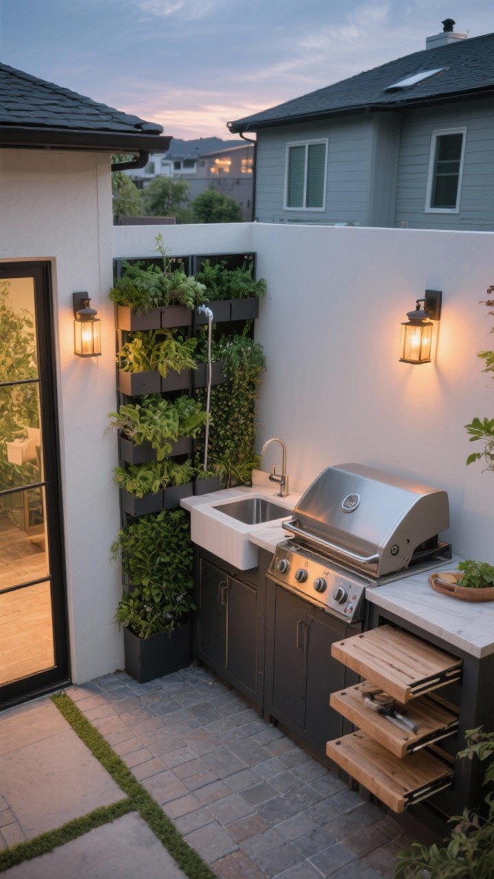 Overhead detail shot: compact courtyard cookspace arranged in a tight L against a wall, narrow-profile grill, small sink and storage, modular vertical planter system with integrated irrigation forming a lush green wall, fold-down side shelves opened to add prep space, warm lanterns and wall sconces beginning to glow at twilight, intimate patio paving, efficient one-step workflow visible, photorealistic, no people.