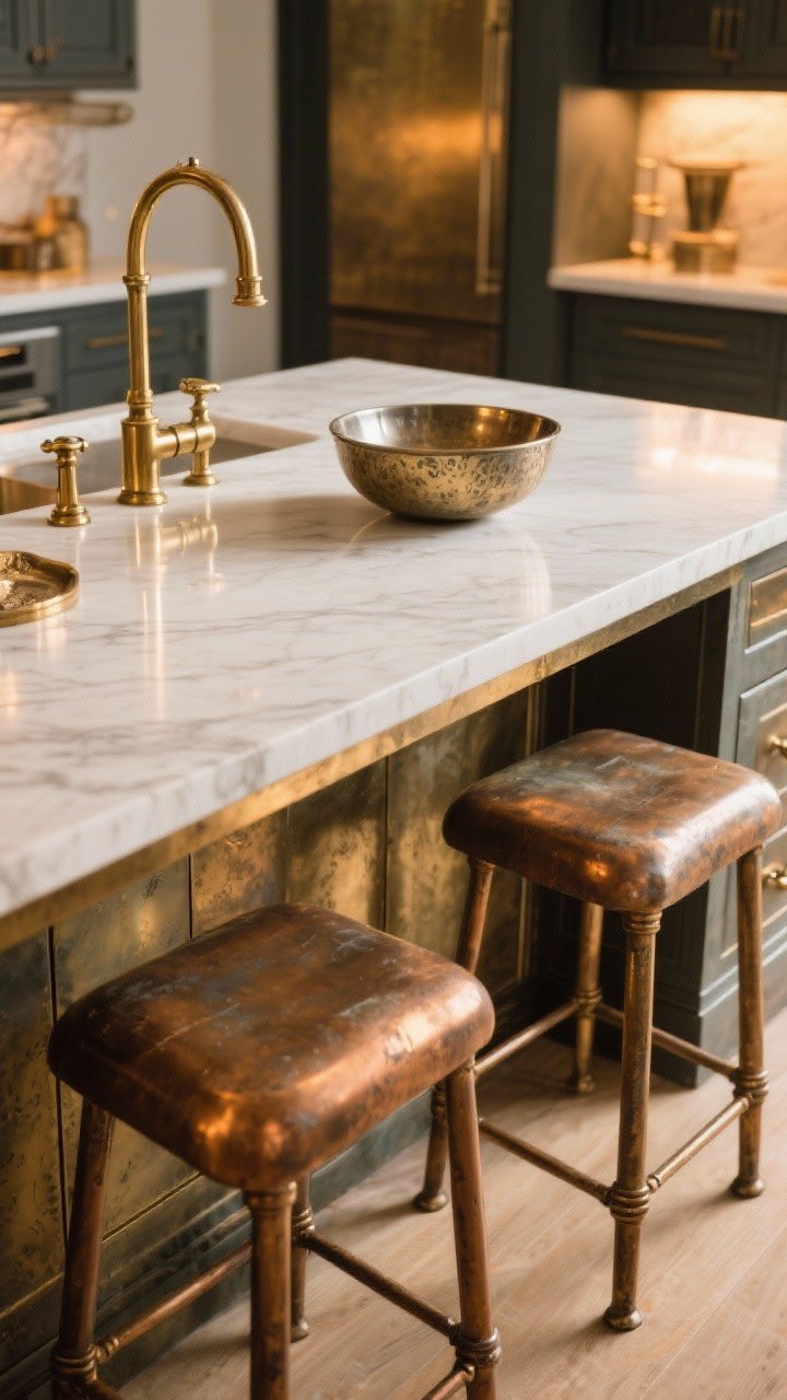 Overhead detail shot: Curated mix of warm metals on the island—aged brass hardware as the dominant finish, bronze footrest accents, and an antique nickel bowl centered on the counter; lighting reflections matched to warm color temperature for cohesion; subtle patina and gleam captured without clutter, photorealistic.