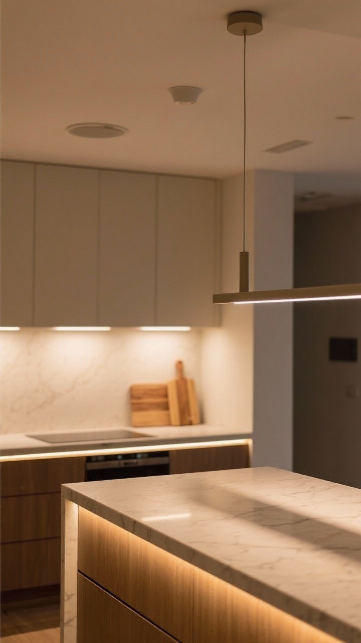 Overhead detail shot emphasizing layered lighting zones: dimmable under-cabinet LED strips illuminating a light quartz counter work zone, warm ambient glow from recessed lights or a low-profile flush mount, and the edge of a slim pendant over a small peninsula; color temperatures matched warmly; include chopping board and subtle shadows to convey task lighting function.