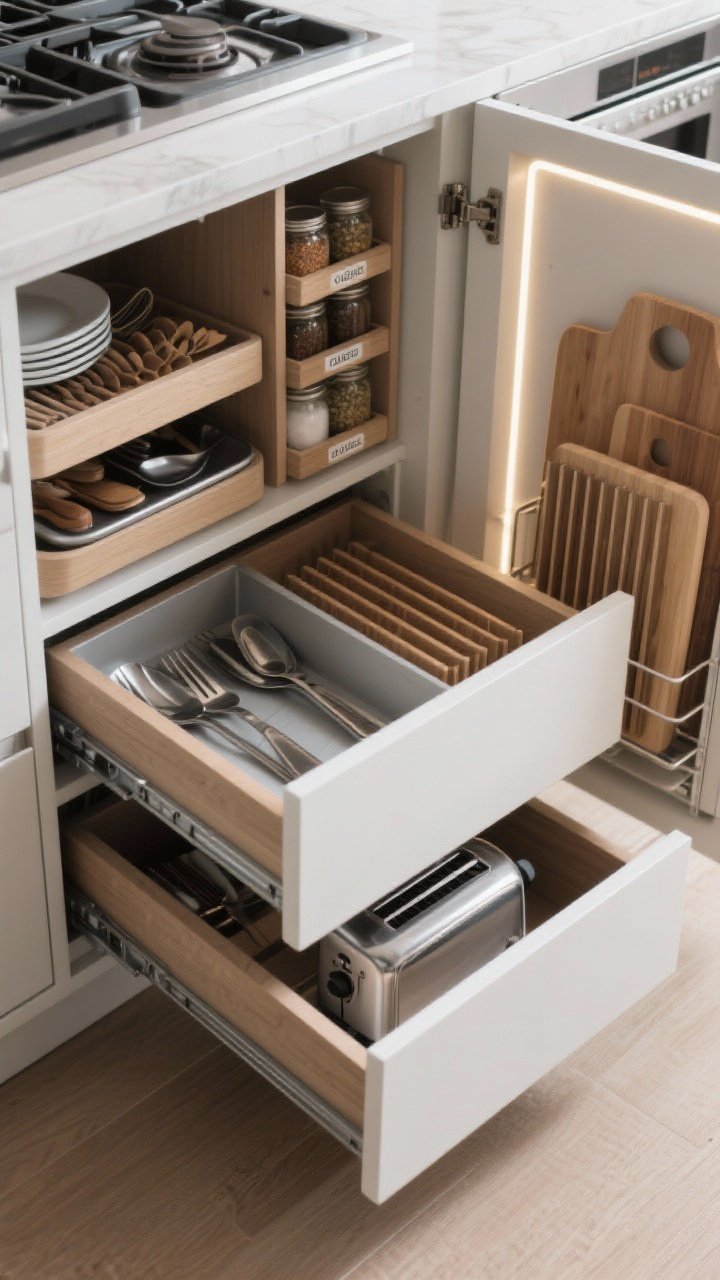 Overhead/detail shot: Inside the cabinet matters—open drawer featuring a drawer-within-drawer system: shallow utensil layer nested above deeper storage; adjacent pull-out spice drawer with labeled jars; vertical tray dividers storing baking sheets and cutting boards; an appliance garage with lift-up door partially open revealing a toaster; integrated LED strip lighting illuminating interiors; photorealistic, crisp organization