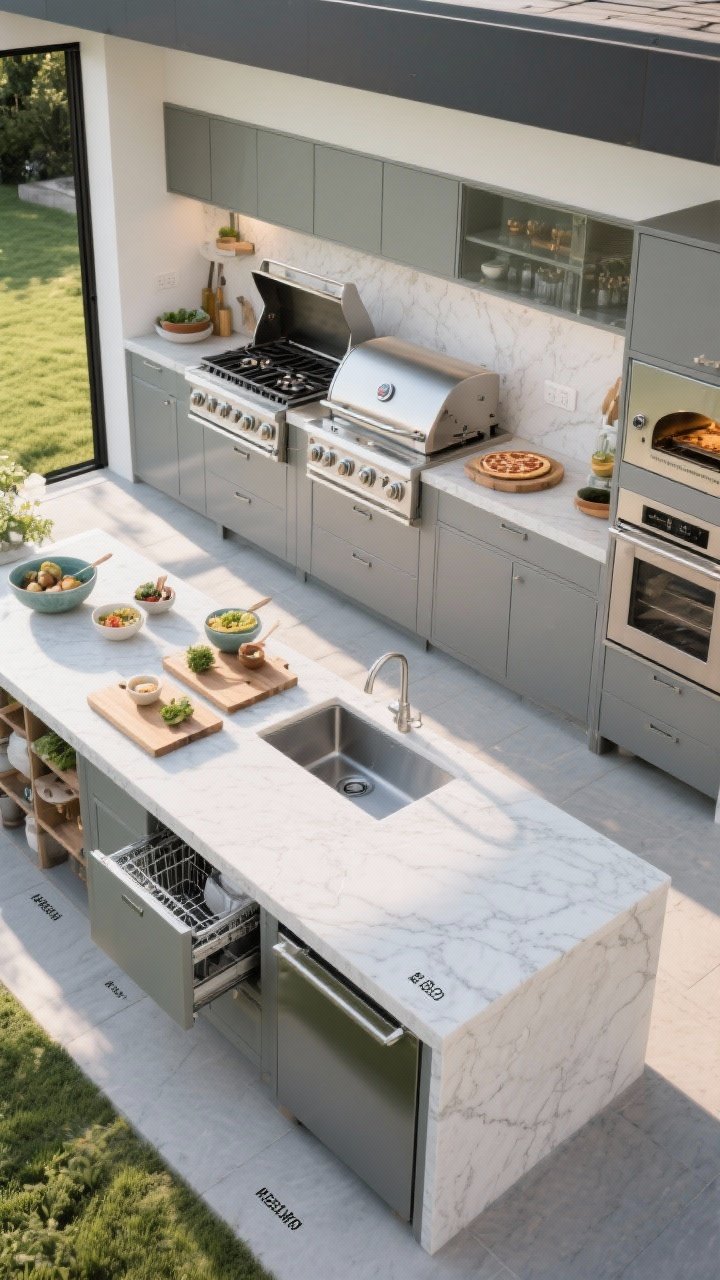 Overhead detail shot mapping a smart outdoor kitchen layout with clear zones: a 36-inch uninterrupted prep run beside a compact undercounter fridge and pantry cabinet; a clustered cook area with grill, side burner, and pizza oven grouped together; a clean zone with sink, integrated trash pull-out, and a dishwasher drawer; counters in sintered stone, cabinets in powder-coated aluminum; labeled cutting boards and mise-en-place bowls indicating workflow; bright, even daylight for clarity.