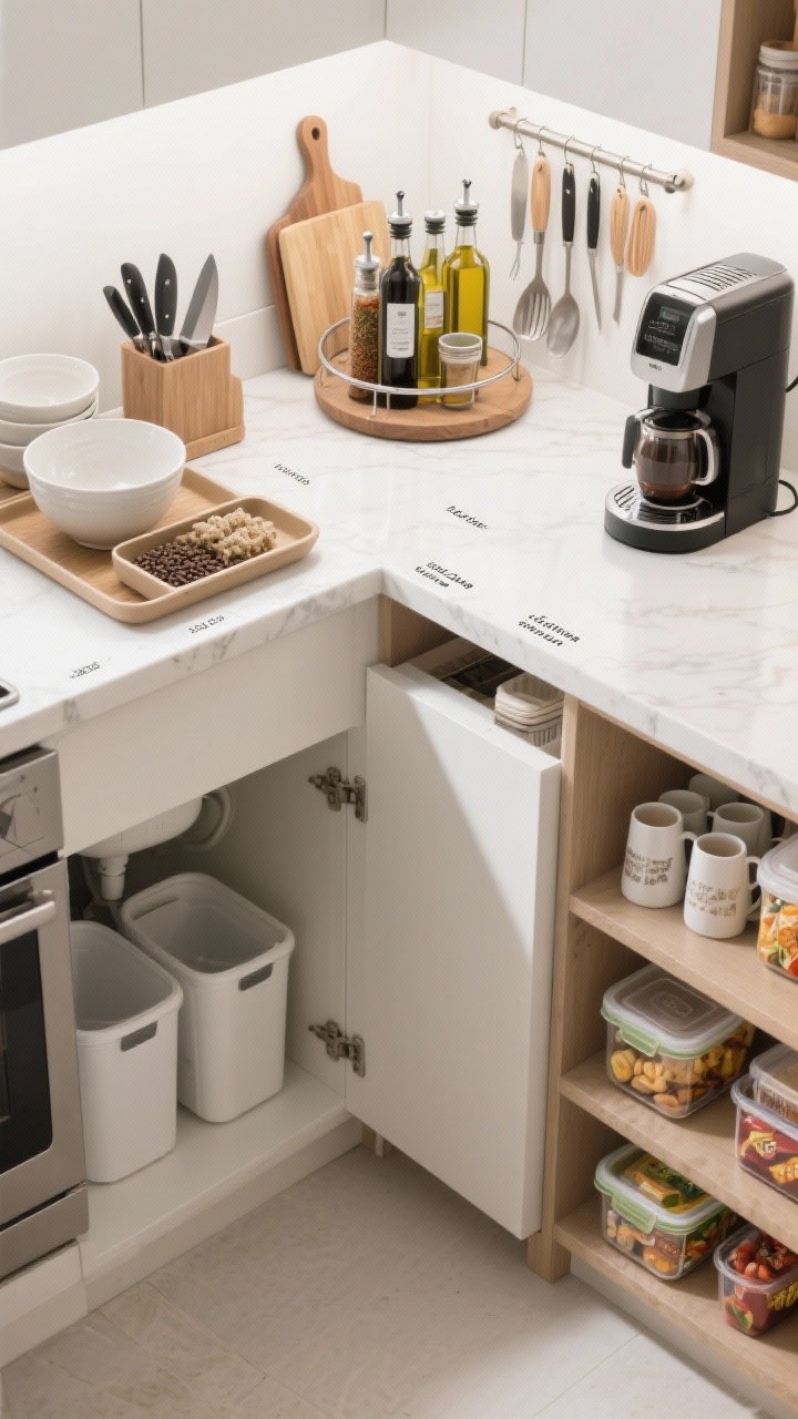 Overhead detail shot mapping functional zones on a compact countertop: labeled trays and containers defining prep (knives, cutting boards, mixing bowls), cook (oils, spices on a lazy Susan, utensils on a rail nearby), clean (under-sink bins just visible with the door slightly ajar), coffee station (machine with mugs, beans, and filters corralled on a tray), and a grab-and-go shelf with snacks and lunch containers on a low open shelf; bright, organized, photorealistic.