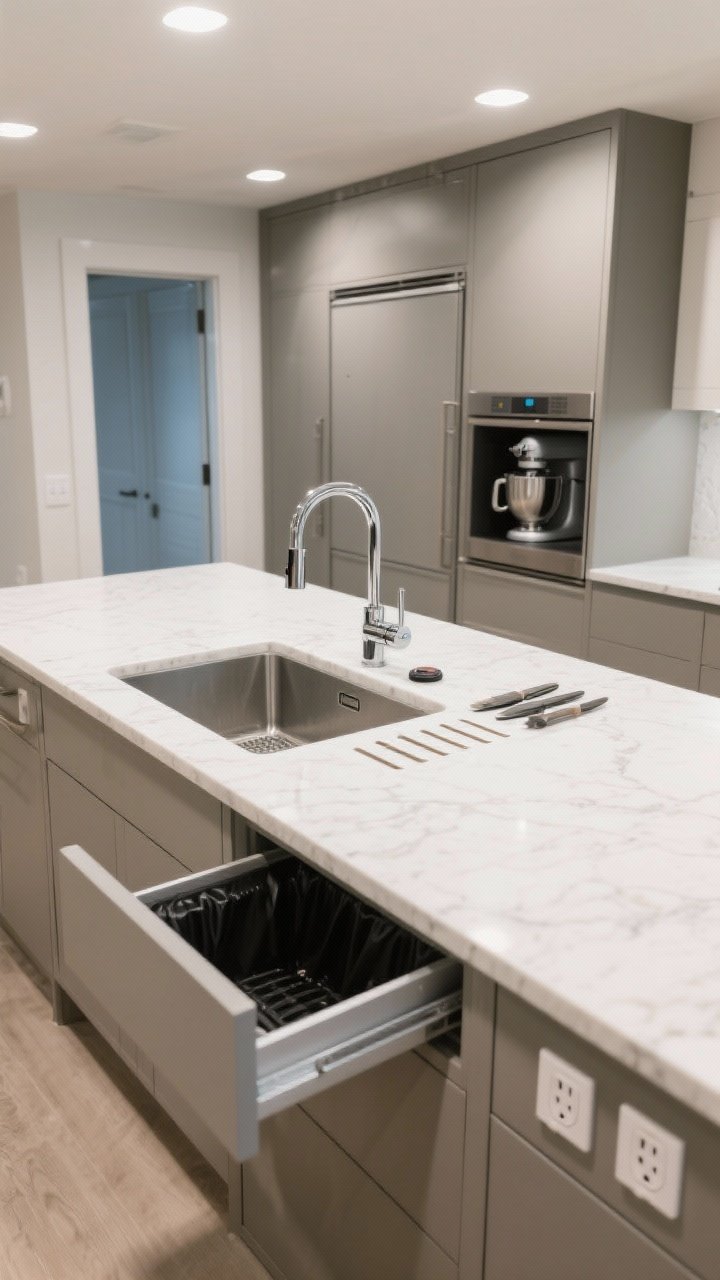 Overhead detail shot of a chef’s prep-focused island work zone: integrated small prep sink with a pull-down faucet, visible disposal switch, knife slots milled into the nonporous quartz surface, and a pull-out trash drawer ajar; an appliance garage door slightly open revealing a stand mixer; dual electrical outlets at both ends of the island; clean, bright task lighting from recessed cans; crisp, functional mood; no people