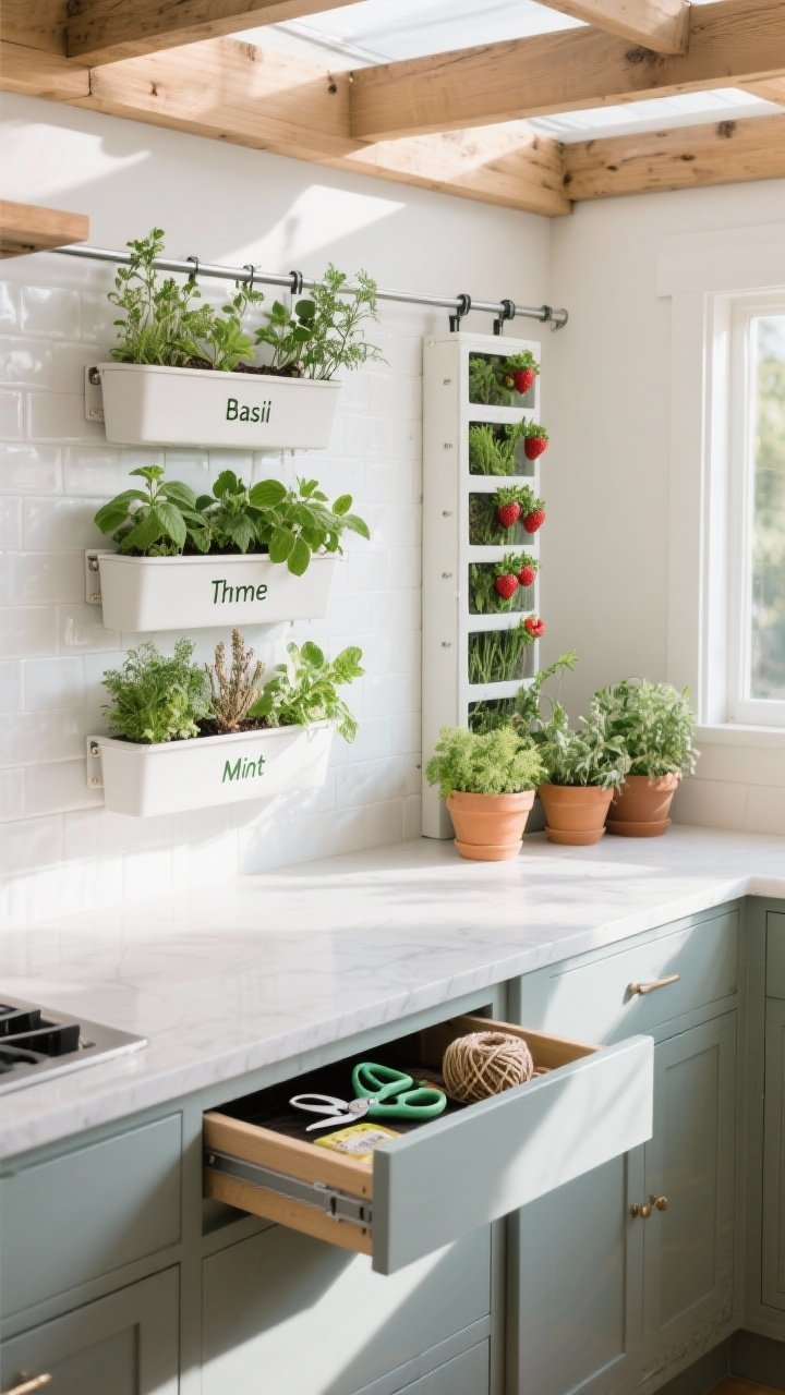 Overhead detail shot of a compact edible garden system along a prep counter: tiered planters mounted as a backsplash with labeled basil, thyme, and mint; a rail-mounted herb box clipped to a pergola edge; a slim vertical strawberry tower nearby; groupings by water needs (soft herbs together, woody herbs separate); a shallow potting drawer slightly open showing shears, plant food, and twine; bright natural daylight for a clean, fresh look.