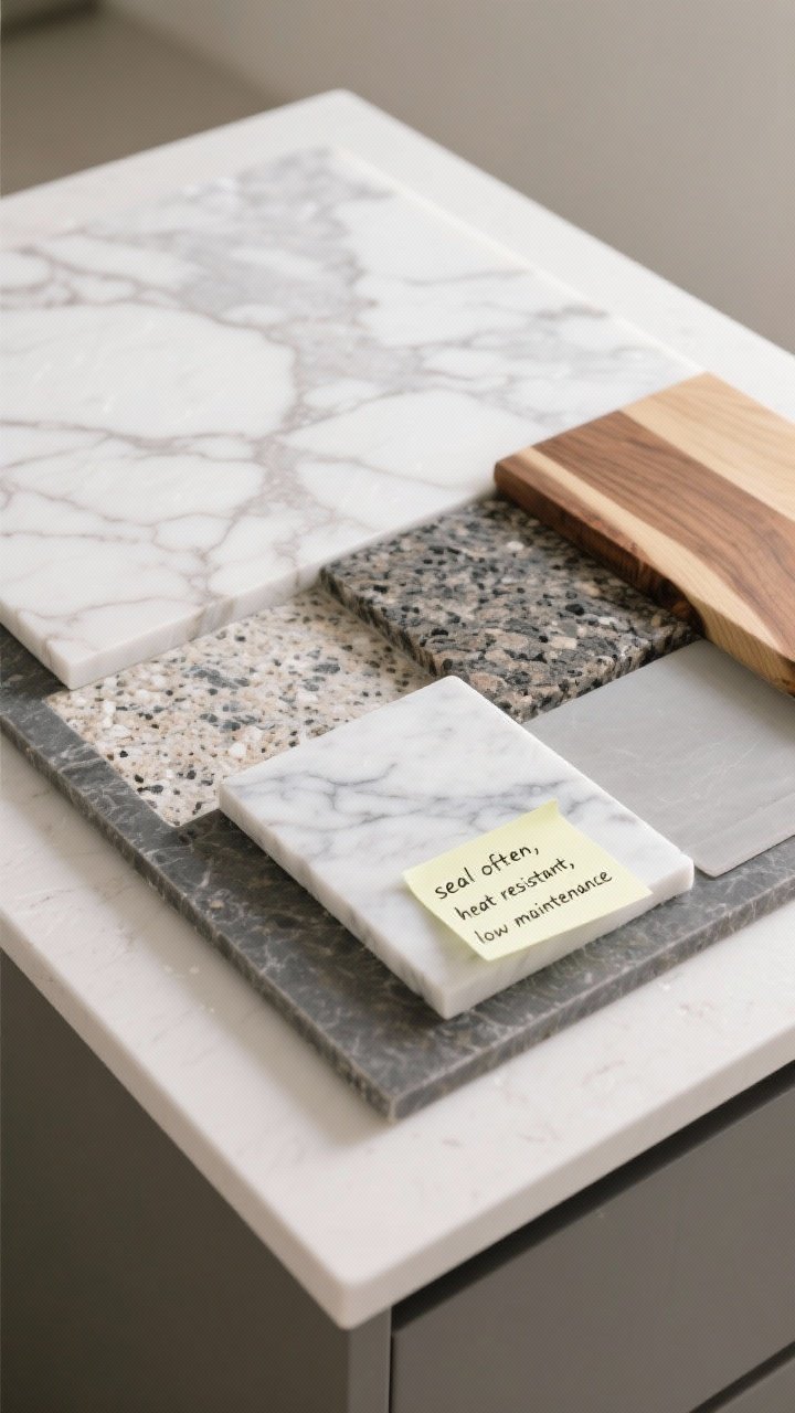 Overhead detail shot of a countertop materials board on an island: large quartz slab sample, a veined marble sample with faint etches, speckled granite, end-grain butcher block, and a thin porcelain/sintered stone piece; a small marble inset placed into a larger quartz surface to suggest a baking zone; sticky notes reading “seal often,” “heat resistant,” “low maintenance”; soft studio lighting highlighting textures and finishes, neutral background