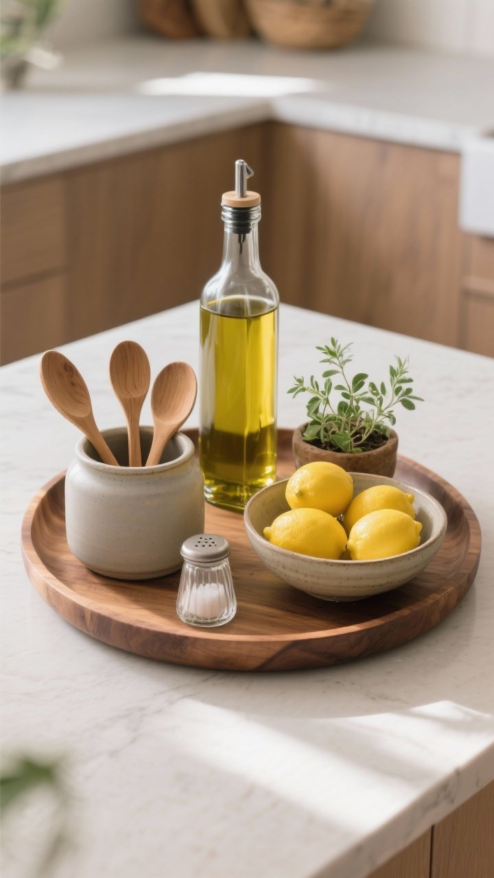 Overhead detail shot of a curated countertop “still life” vignette: a round wooden tray corralling a ceramic crock of wooden spoons, a matte glass olive oil decanter, a small salt cellar; beside it, a bowl of bright lemons and a small potted herb plant. Materials cohesive: wood + ceramic + clear glass. Varying heights (tall bottle, medium crock, low bowl). Soft natural light creating gentle shadows; minimal surrounding clutter.