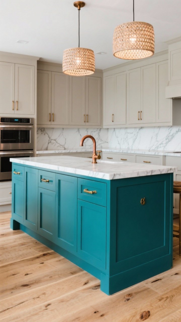 Overhead detail shot of a kitchen island painted smoky teal in semi-gloss as a bold accent, with neutral upper cabinets out of frame; quartz countertop with subtle veining, white oak floorboards radiating warm tone; woven pendant lights overhead casting soft patterned light; copper and brass hardware on the island amplifying the teal; composition highlights custom, balanced color and texture.