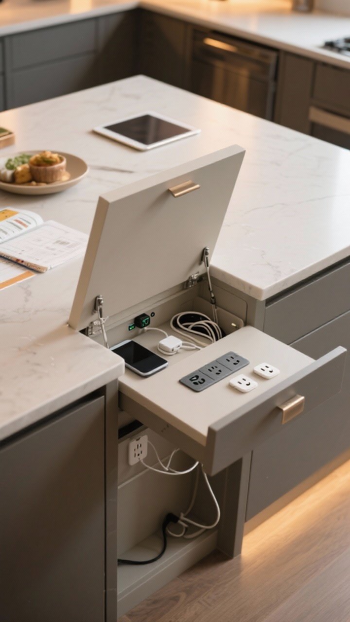 Overhead detail shot of a lift-up countertop panel on the island flipped open to reveal a concealed charging dock: integrated USB-C and standard outlets with surge protection, a cable management grommet, and slots for tablets/recipes; soft-close hinges and a subtle finger notch instead of pulls; devices tucked neatly, cords managed; when imagined closed, the island presents a perfectly clean surface under warm ambient lighting suitable for homework and meal planning