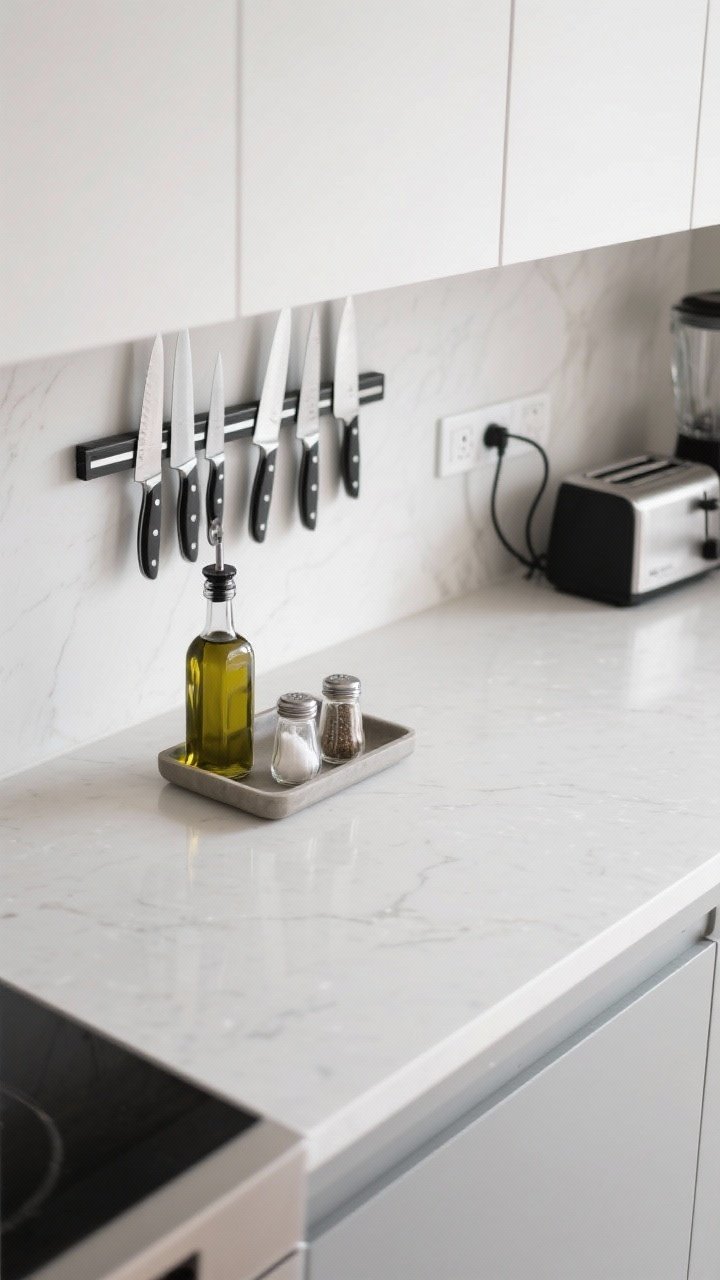 Overhead detail shot of a minimalist countertop: Light quartz surface nearly bare, with a small tray neatly corralling olive oil, salt, and pepper; no toaster or blender in sight, cords hidden via under-cabinet outlets; a magnetic knife strip on the backsplash holding a tidy, chef-style knife lineup; overall look clean, spacious, and intentional.