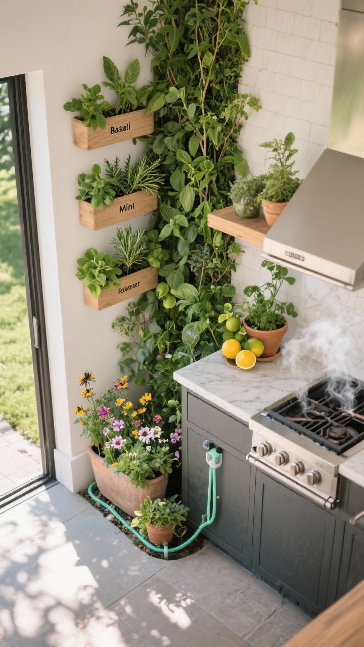 Overhead detail shot of a nature-driven prep corner: vertical herb wall with labeled planters (basil, mint, rosemary) beside the counter, potted citrus nearby, and pollinator-friendly flowers along the edge; subtle drip irrigation lines and self-watering planters visible; smoke-tolerant plants placed away from grill plume; fresh, sunlit greenery softening hardscape