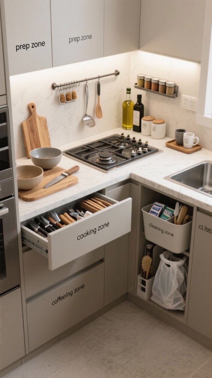 Overhead detail shot of a small kitchen counter divided into zones: left “prep zone” with a wood cutting board, chef’s knife, and mixing bowls beside a drawer slightly open showing organized knives and boards; center “cooking zone” beside a cooktop with a rail-mounted ladle and spatula, a magnetized strip of spice tins, and bottles of oil and salt in a slim pull-out; right “cleaning zone” glimpse under the sink with a caddy of dishwasher tabs, brushes, and trash bags; a small tray “coffee/tea zone” with mugs, filters, and sweeteners. Neutral tones, labeled bins with subtle typography, bright task lighting.
