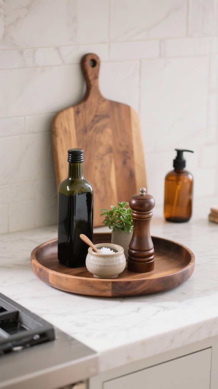 Overhead detail shot of a styled chef’s countertop trayscape: a round wood tray corraling a dark glass olive oil bottle, ceramic salt cellar with spoon, tall pepper mill, and a tiny green plant; a large warm wood cutting board leaning against a light backsplash for height; decanted dish soap in a reusable amber glass pump nearby; negative space around the single intentional cluster, soft daylight, photorealistic.
